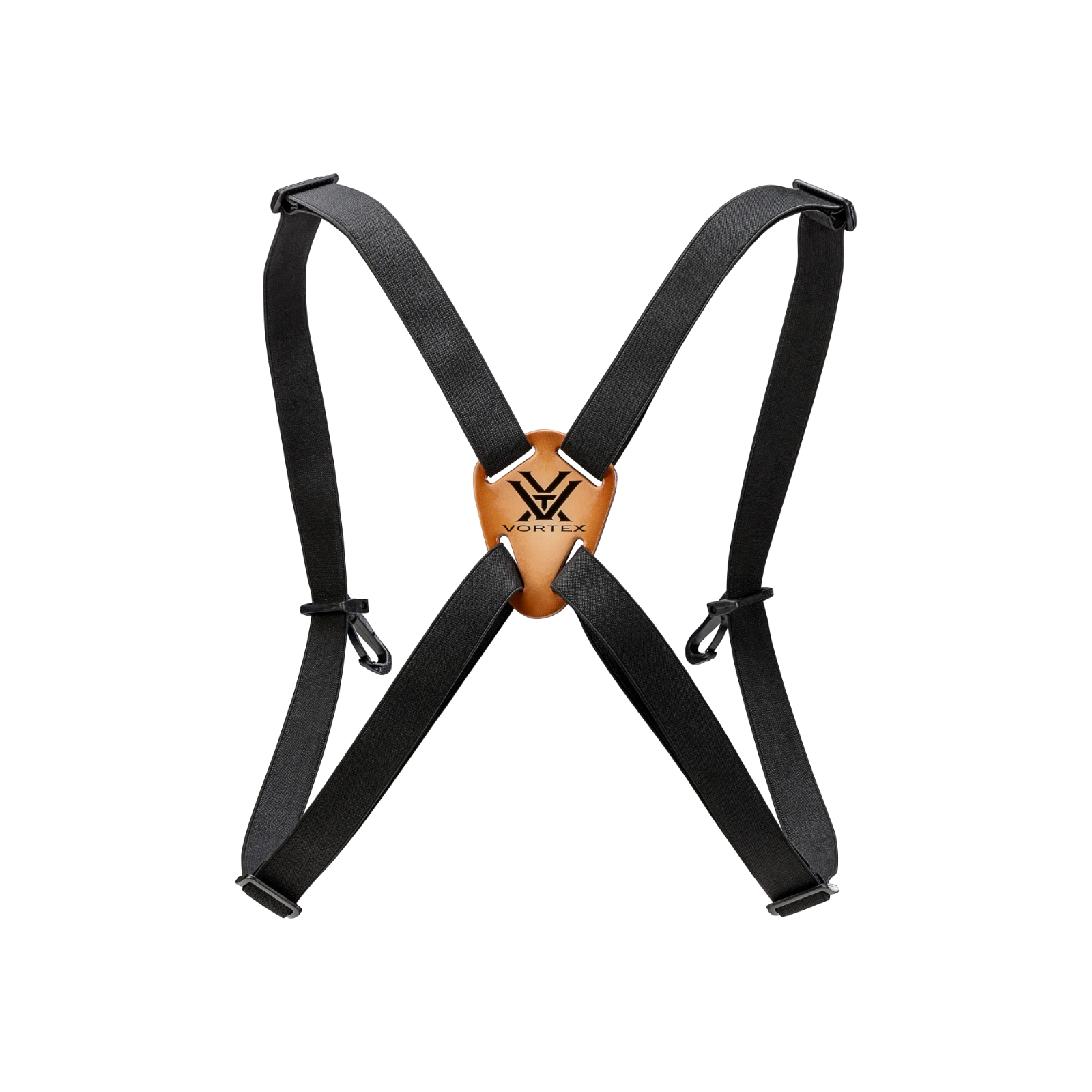 Black adjustable harness straps with a central metallic gold shield-shaped connector featuring the 'Vortex' brand logo, shown on a plain white background.