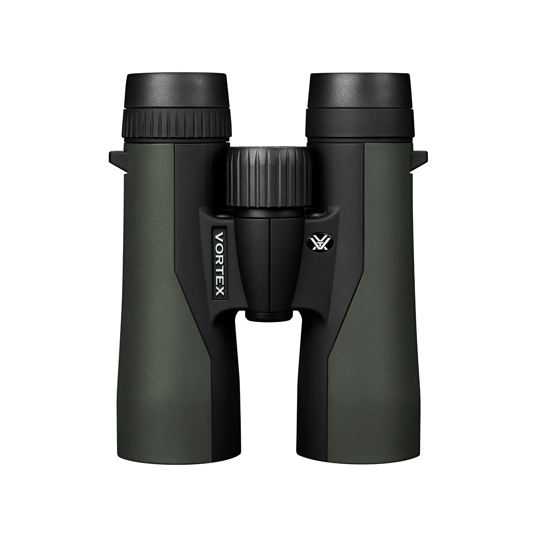 Vortex binoculars in matte dark green and black, featuring a central focusing wheel and the Vortex logo on the side, set against a plain white background.