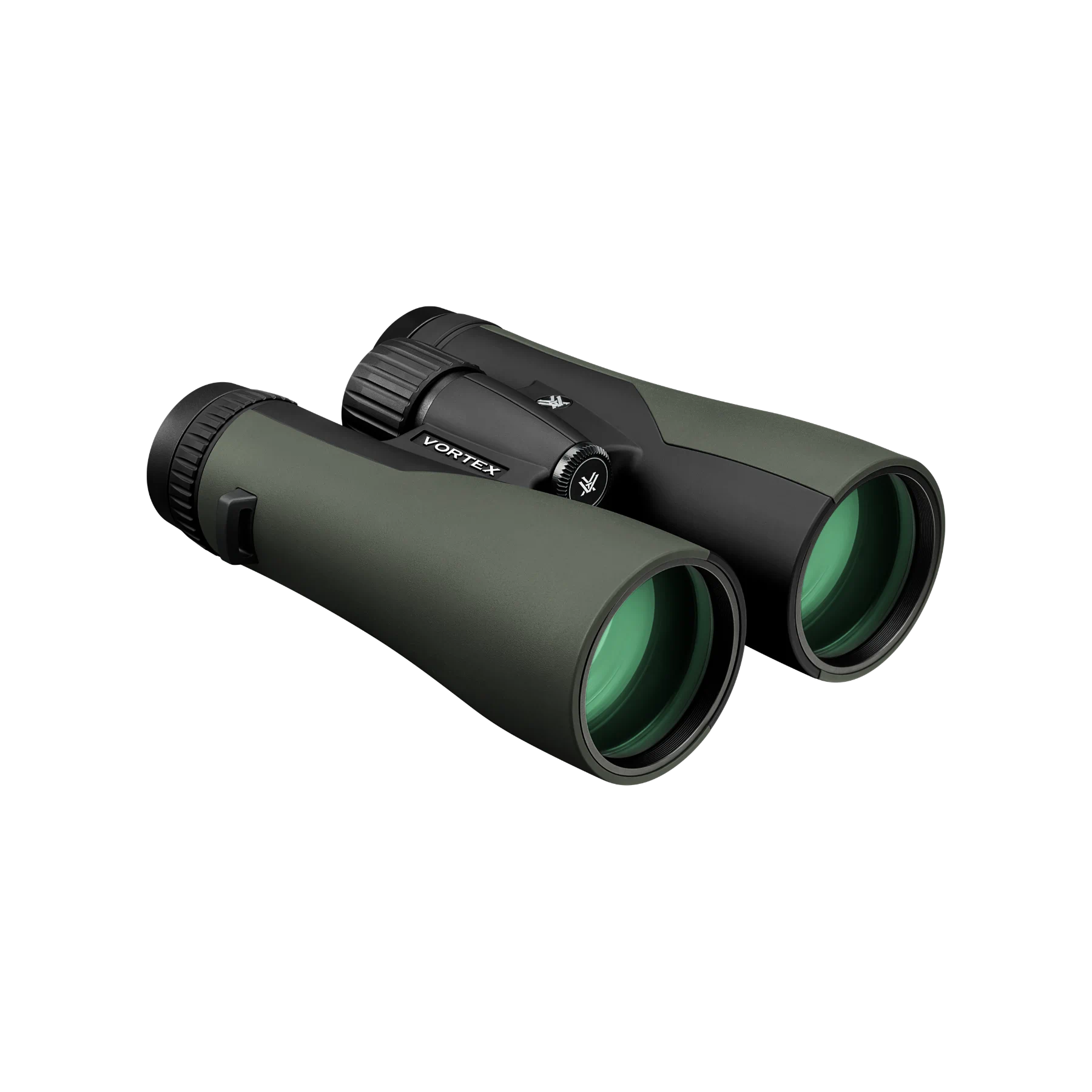 A pair of Vortex binoculars in matte dark green and black, shown at a three-quarter angle on a solid white background.