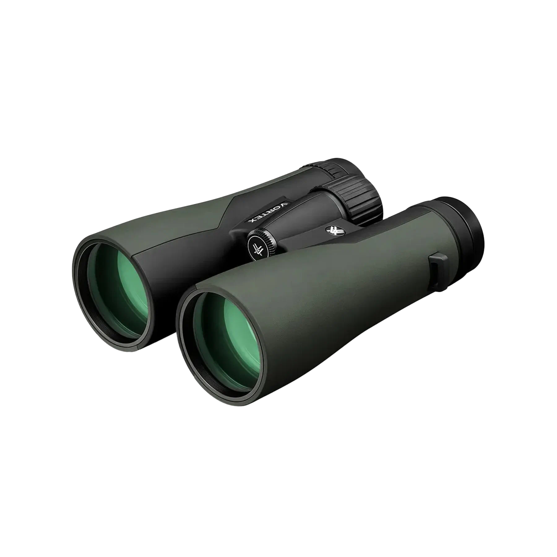 A pair of Vortex binoculars in matte dark green and black, shown at an angle on a solid white background.