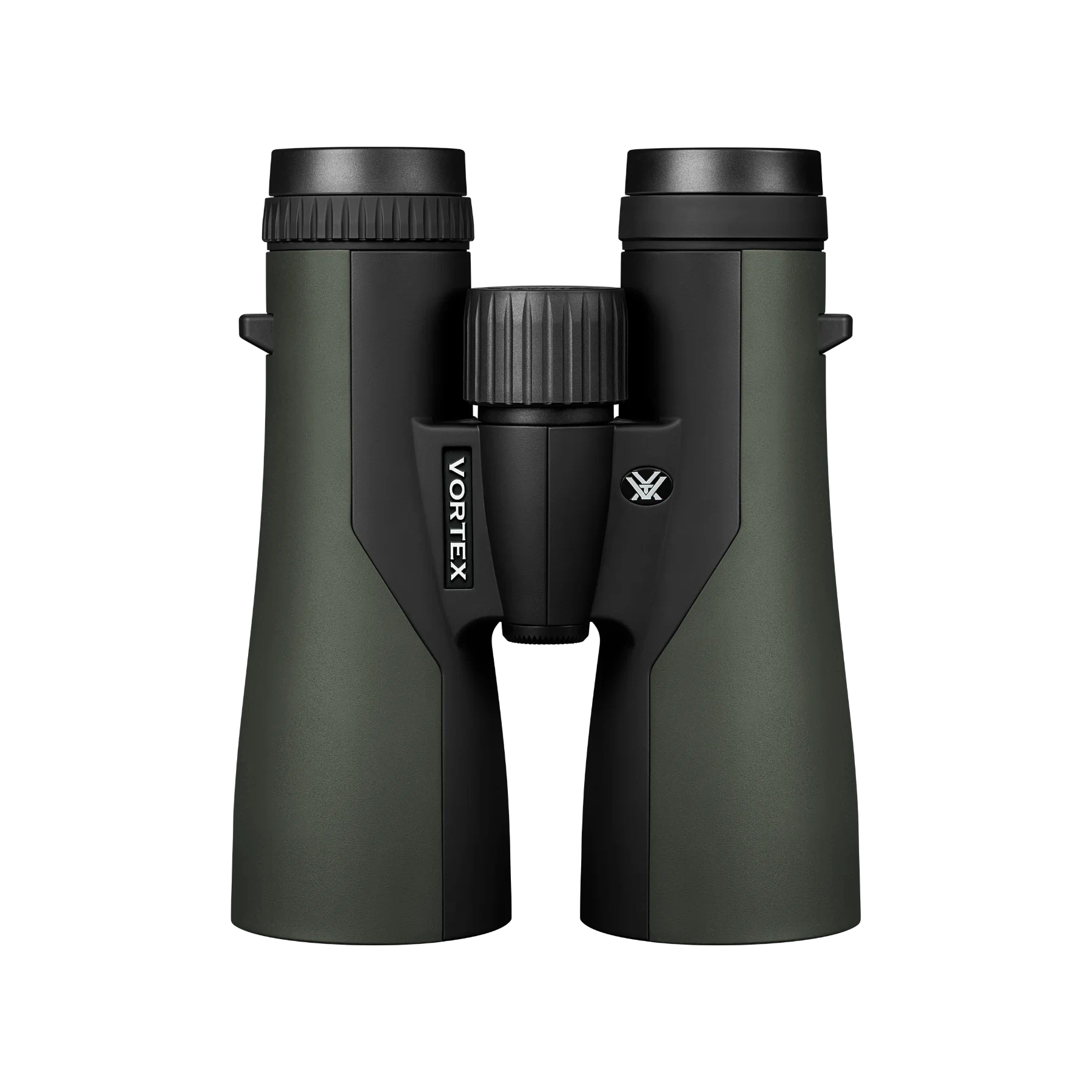 Vortex binoculars in matte dark green and black, shown from the front on a solid white background.