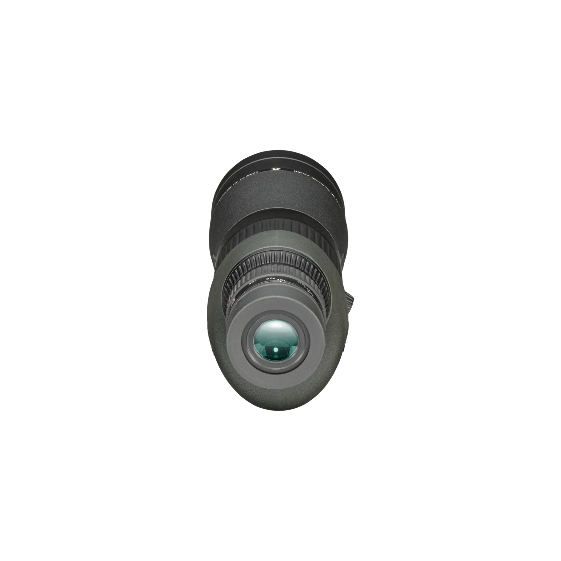 A Vortex spotting scope lens with a textured focus ring, shown from a back-facing perspective on a solid white background.