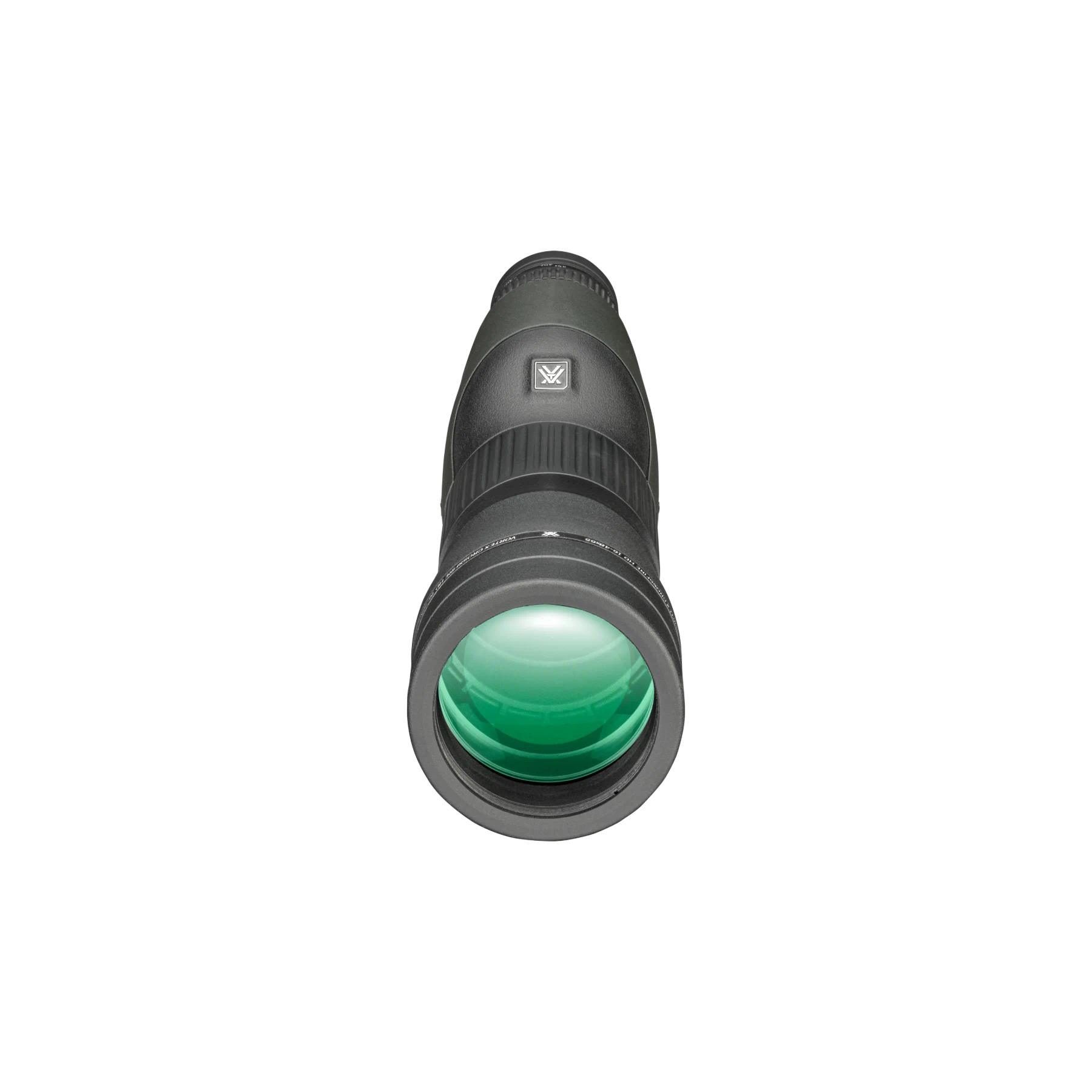 A Vortex spotting scope viewed from the front, featuring a prominent green reflective lens and a small silver logo on the side, isolated on a white background.