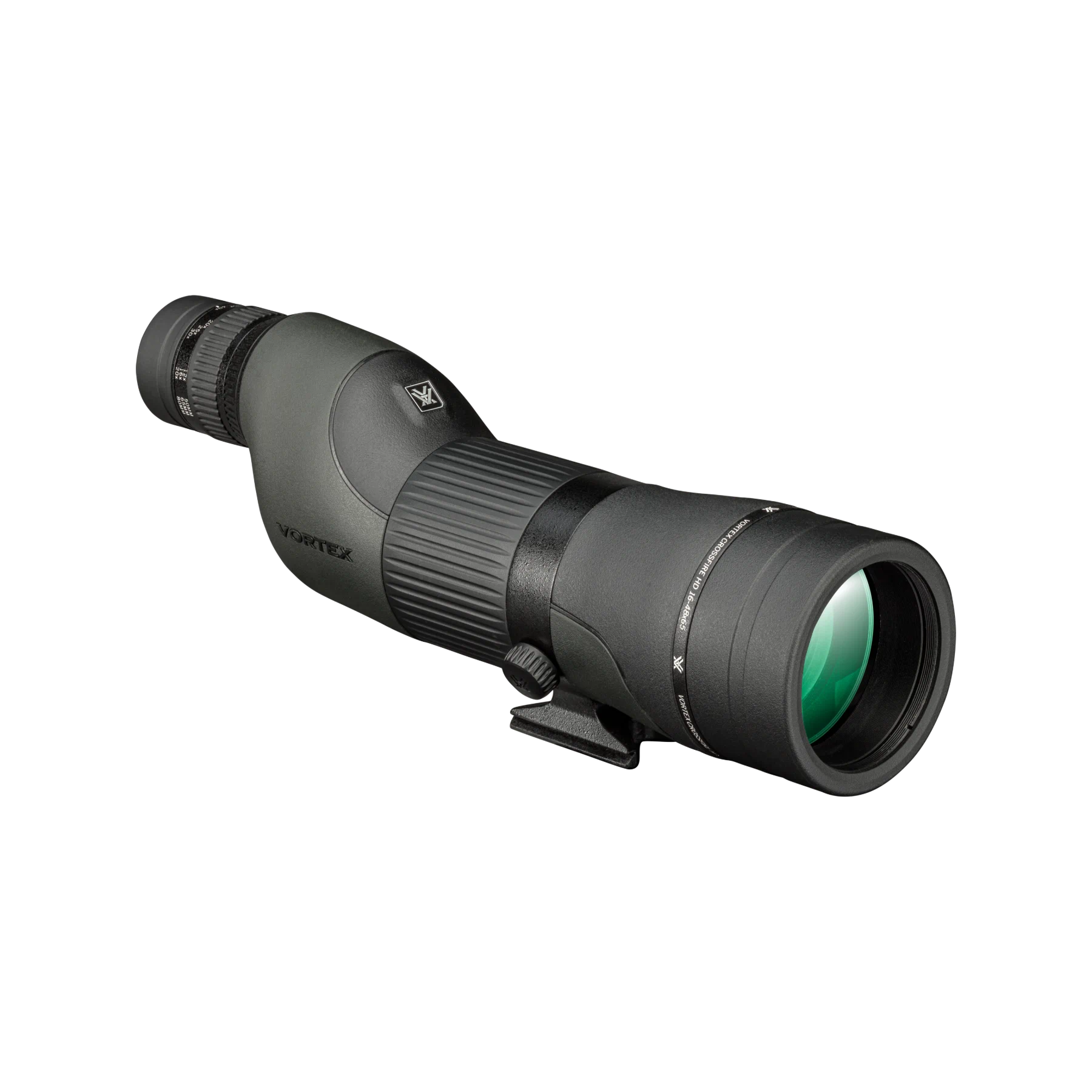 A Vortex spotting scope with a green body, shown on a plain white background.