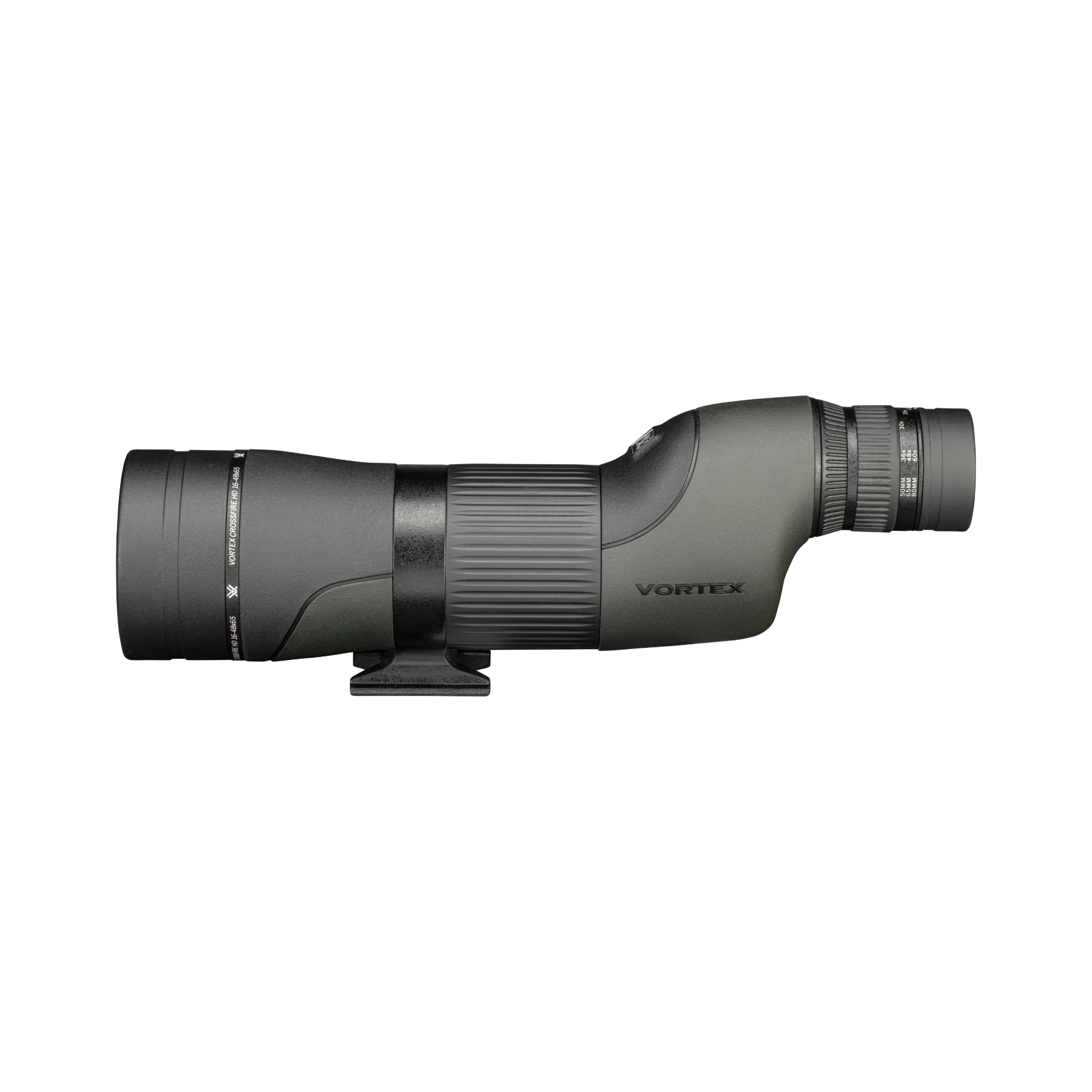 A Vortex spotting scope in matte dark green, shown horizontally against a plain white background.