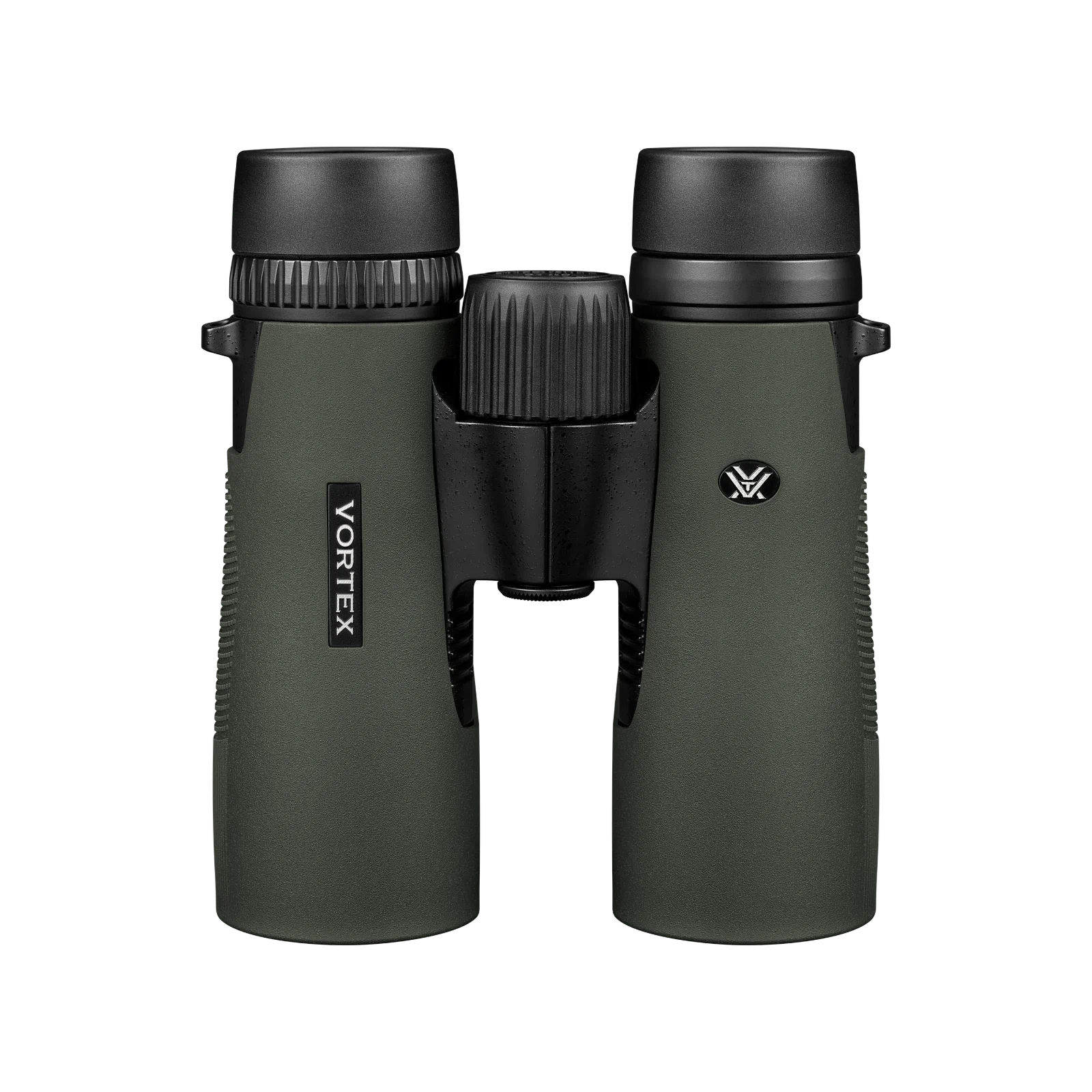 Vortex Vortex binoculars in matte dark green with black eyecups and central focusing knob, shown on a plain white background.