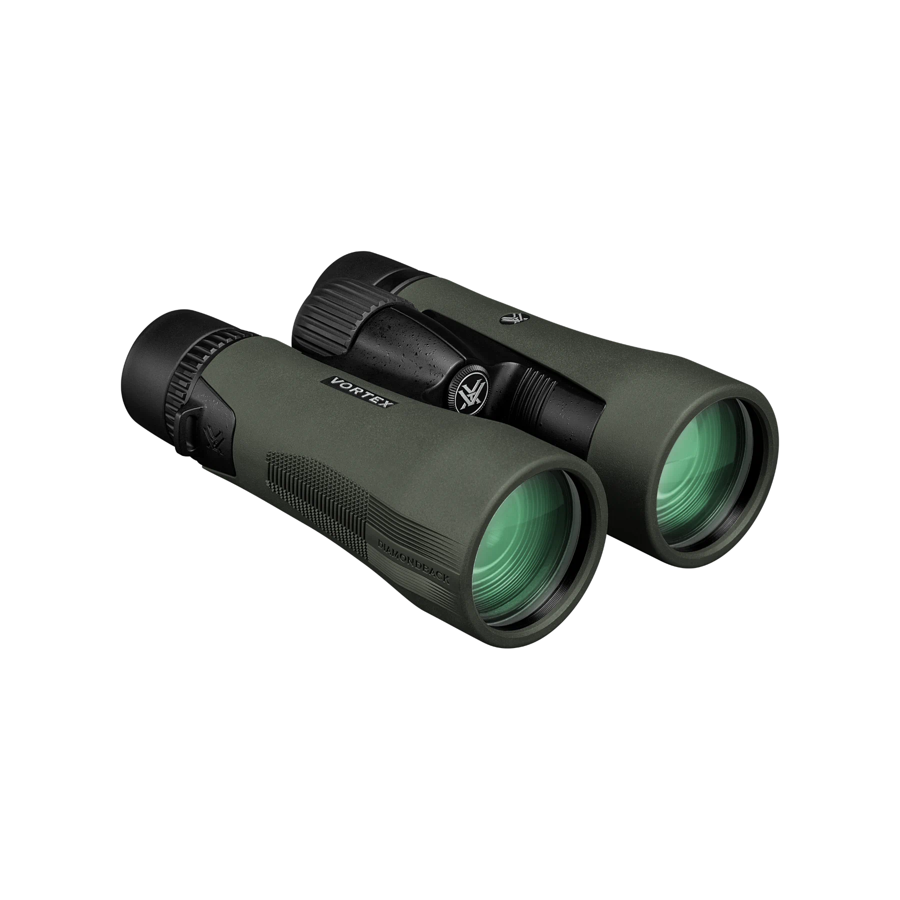 A pair of Vortex binoculars in matte dark green with black accents, shown at an angle on a solid white background.