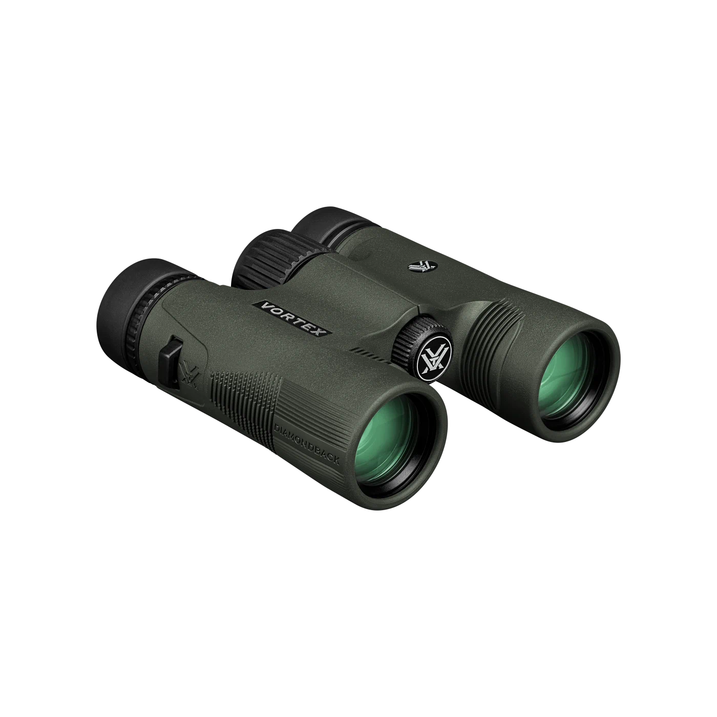 Vortex binoculars in matte dark green with black accents and green-tinted lenses, shown on a plain white background.