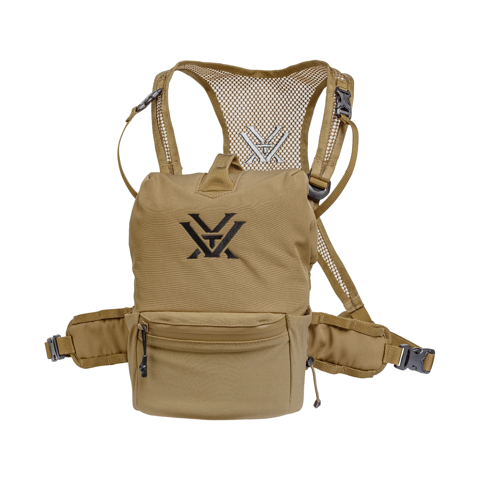 A tan tactical harness with a front zippered pocket, mesh back panel, and adjustable shoulder straps, featuring a black stylized logo on the front.