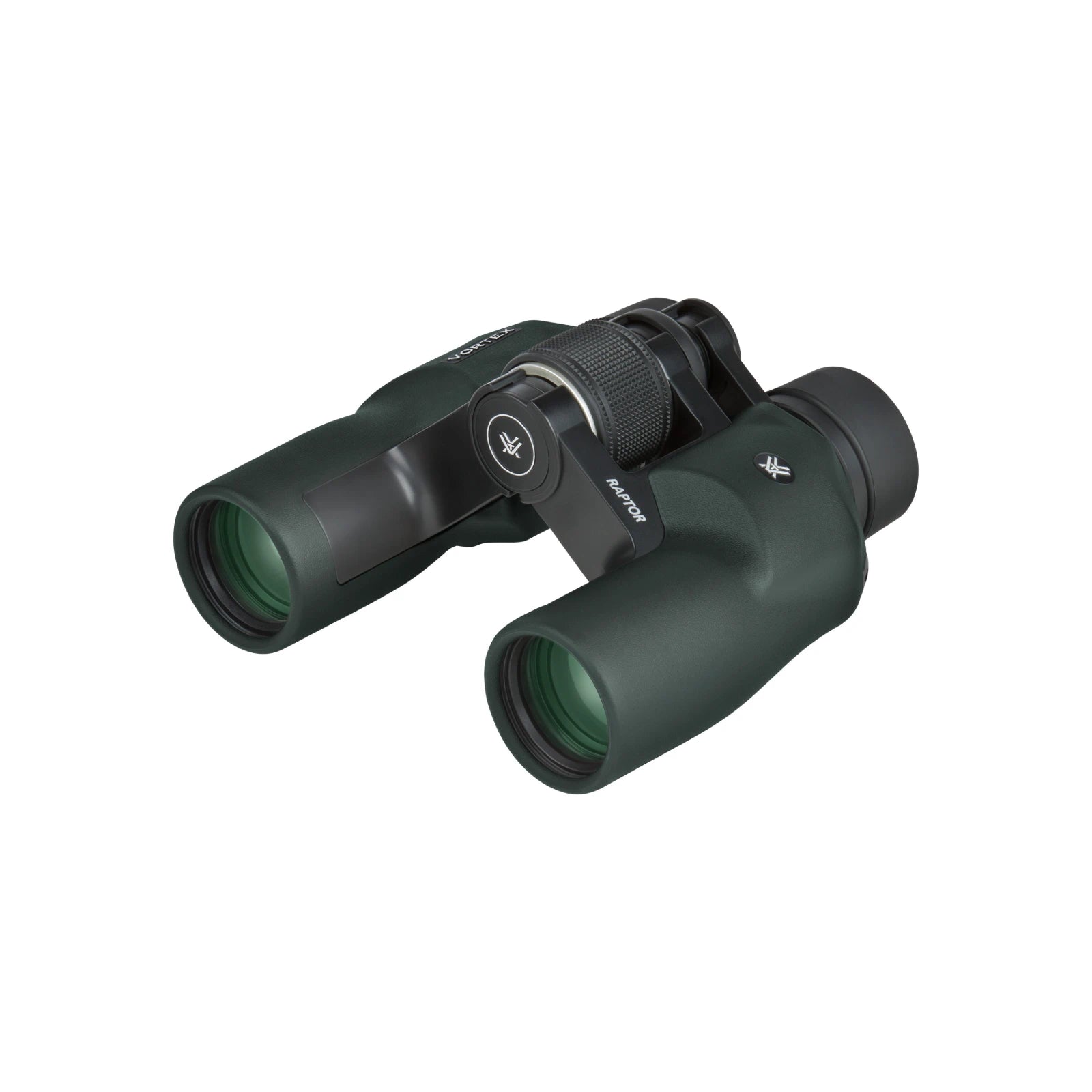 A pair of Vortex binoculars in matte dark green with black accents, shown at a three-quarter angle on a solid white background.
