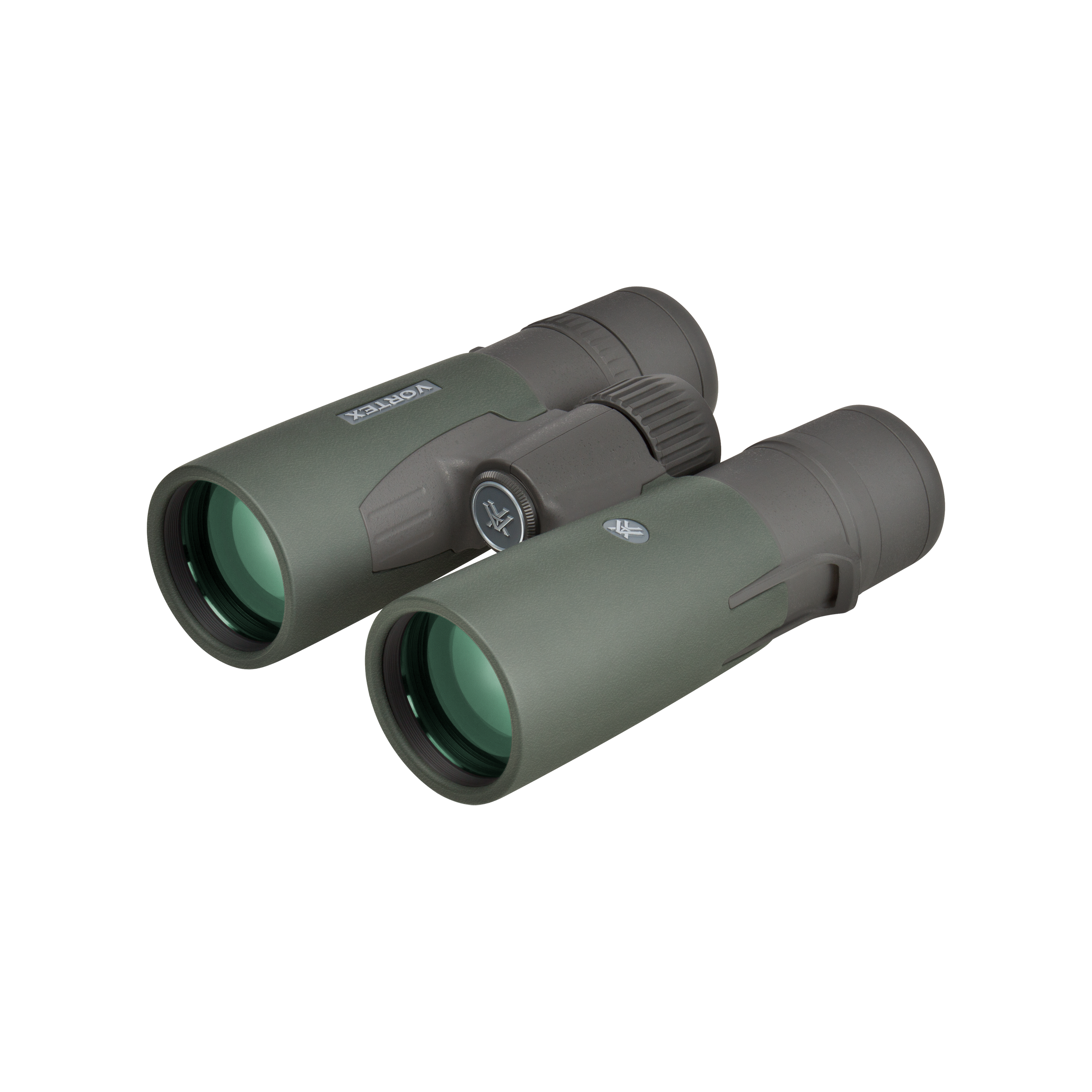 A pair of Vortex binoculars in matte dark green, shown at an angle on a solid white background.