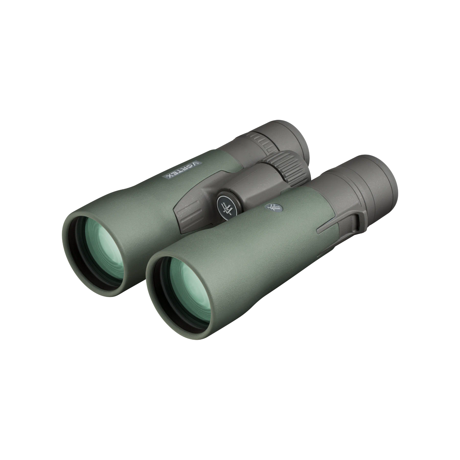 A pair of Vortex binoculars in matte olive green, shown at a three-quarter angle on a solid white background.