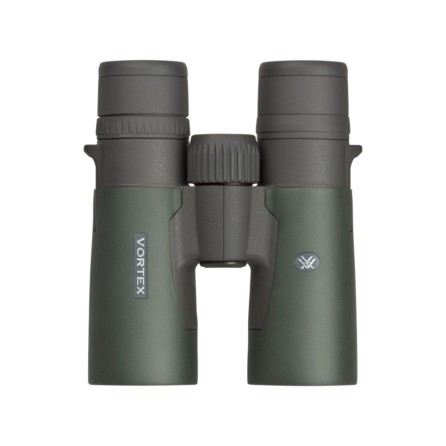 A pair of Vortex binoculars in matte dark green and charcoal gray, shown from the front on a solid white background.