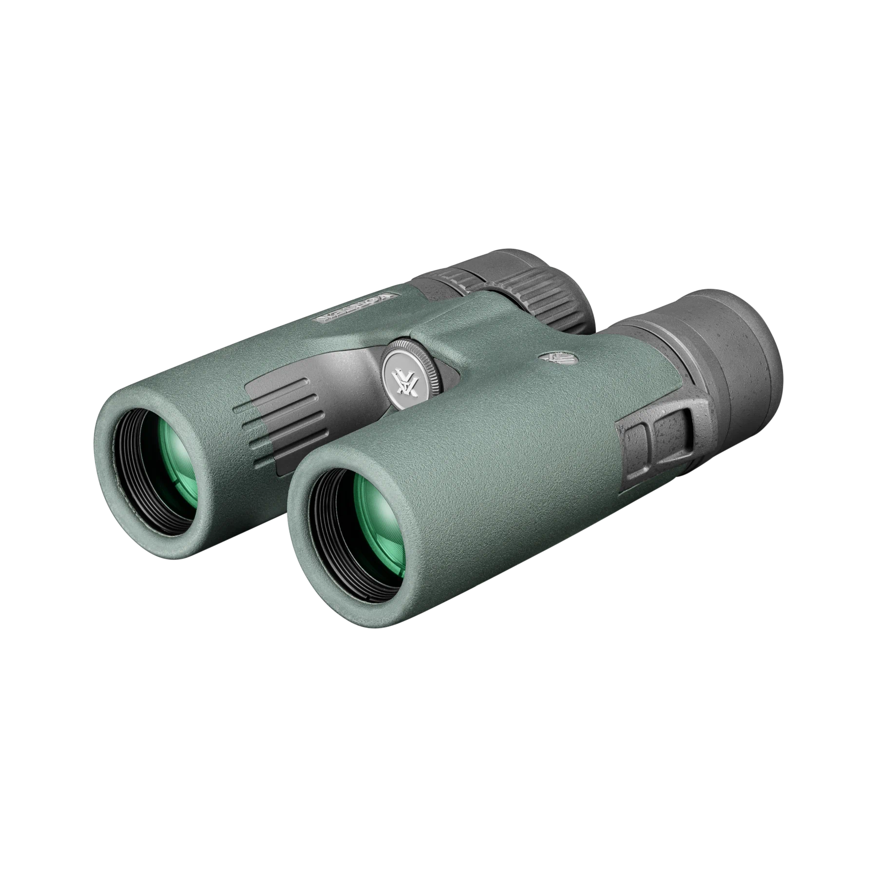 A pair of Vortex binoculars in a matte green color with dark gray accents, shown on a plain white background.