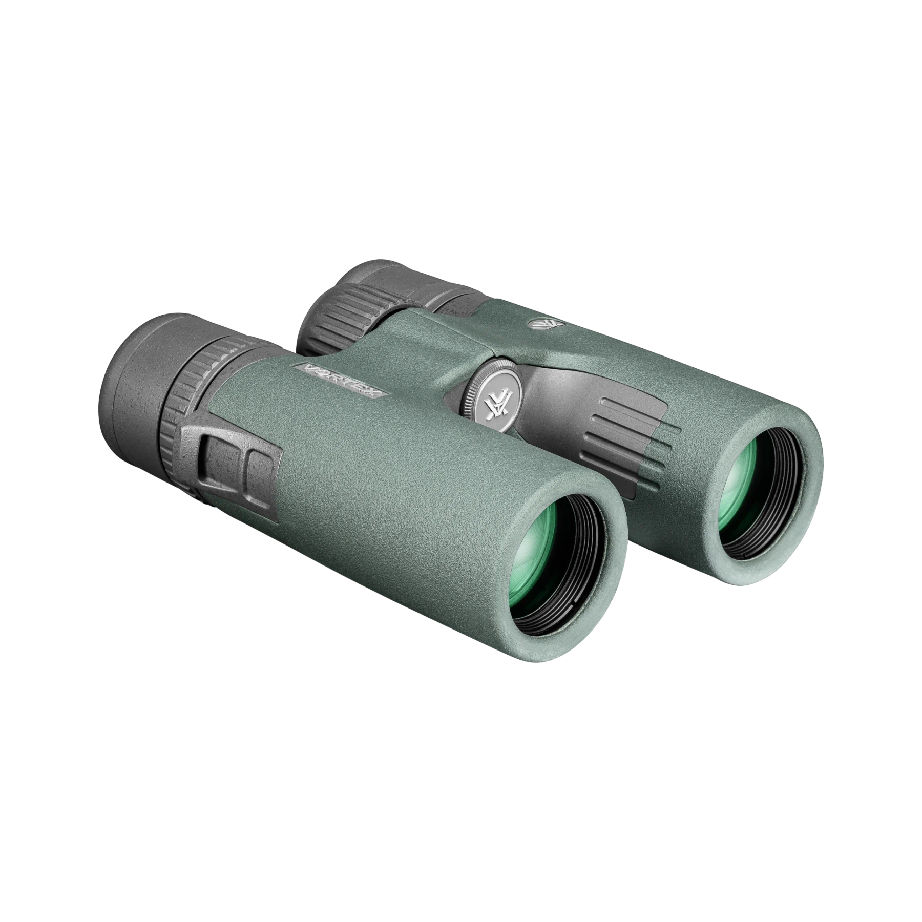 A pair of Vortex binoculars in matte green with dark gray accents, shown on a clean white background.