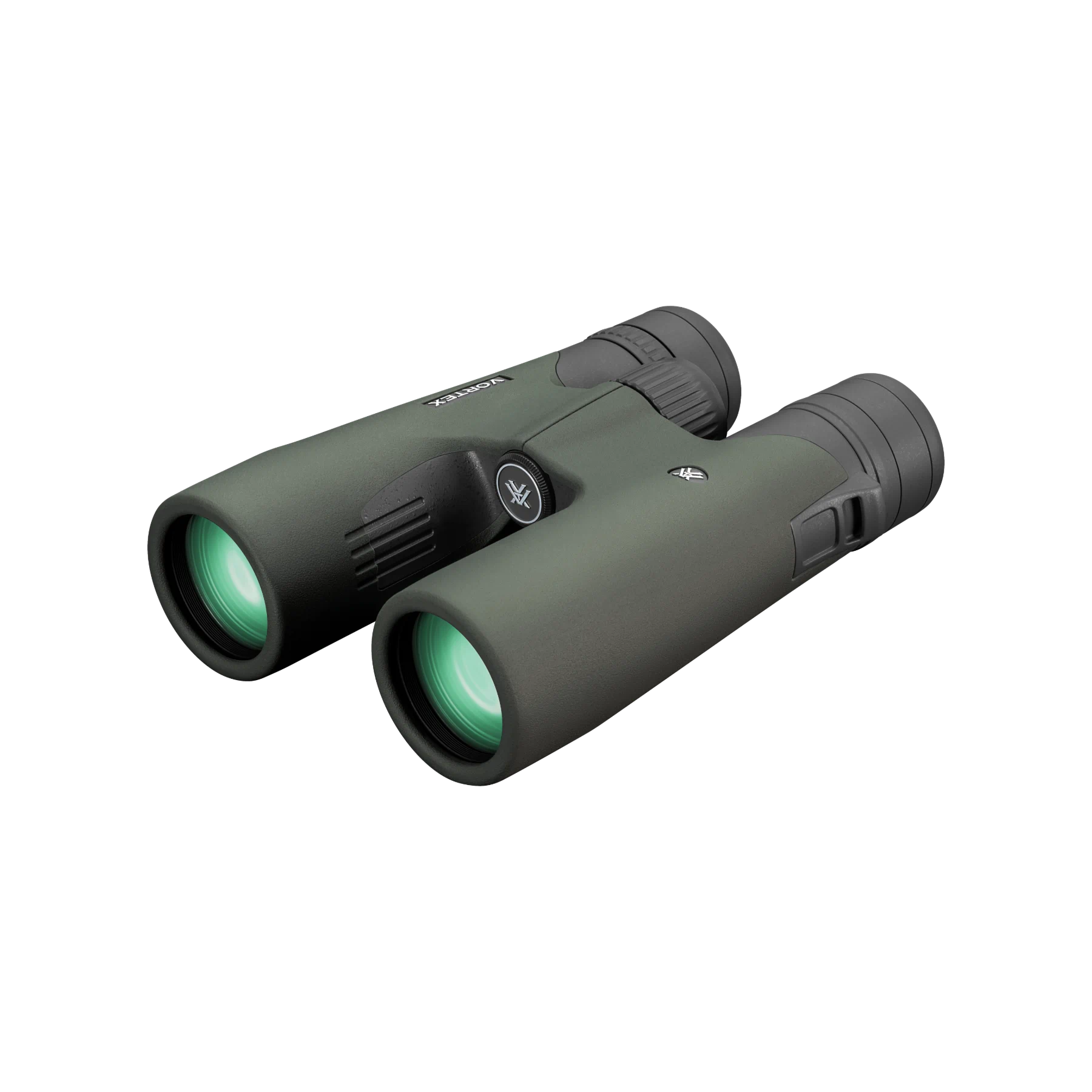 A pair of Vortex binoculars in matte dark green with black accents, shown at an angle on a solid white background.