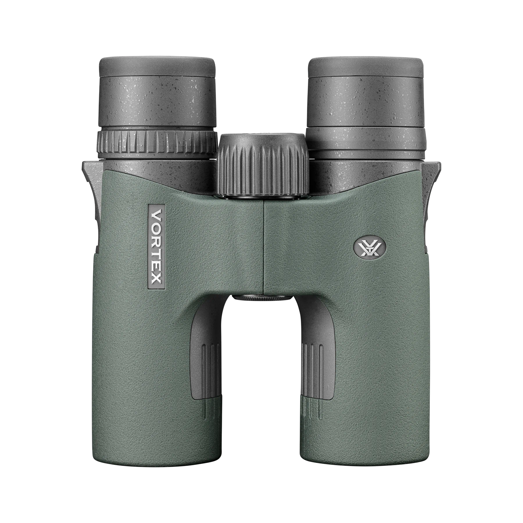 Vortex binoculars in a textured sage green finish with dark gray focusing knobs and eyecups, shown against a solid white background.