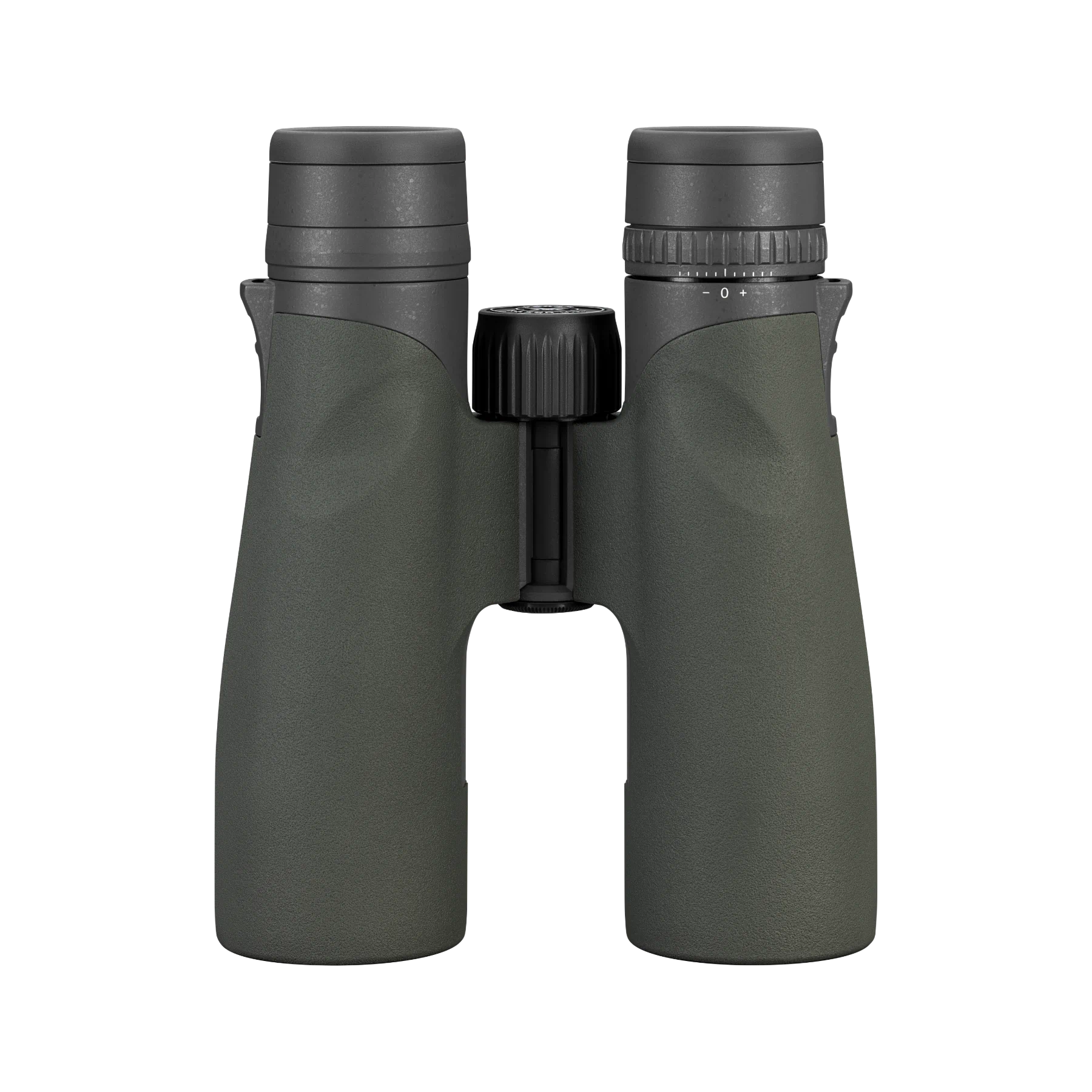 A pair of binoculars in a matte dark olive green color with black accents on the central focus wheel and eyecups, shown against a plain white background.