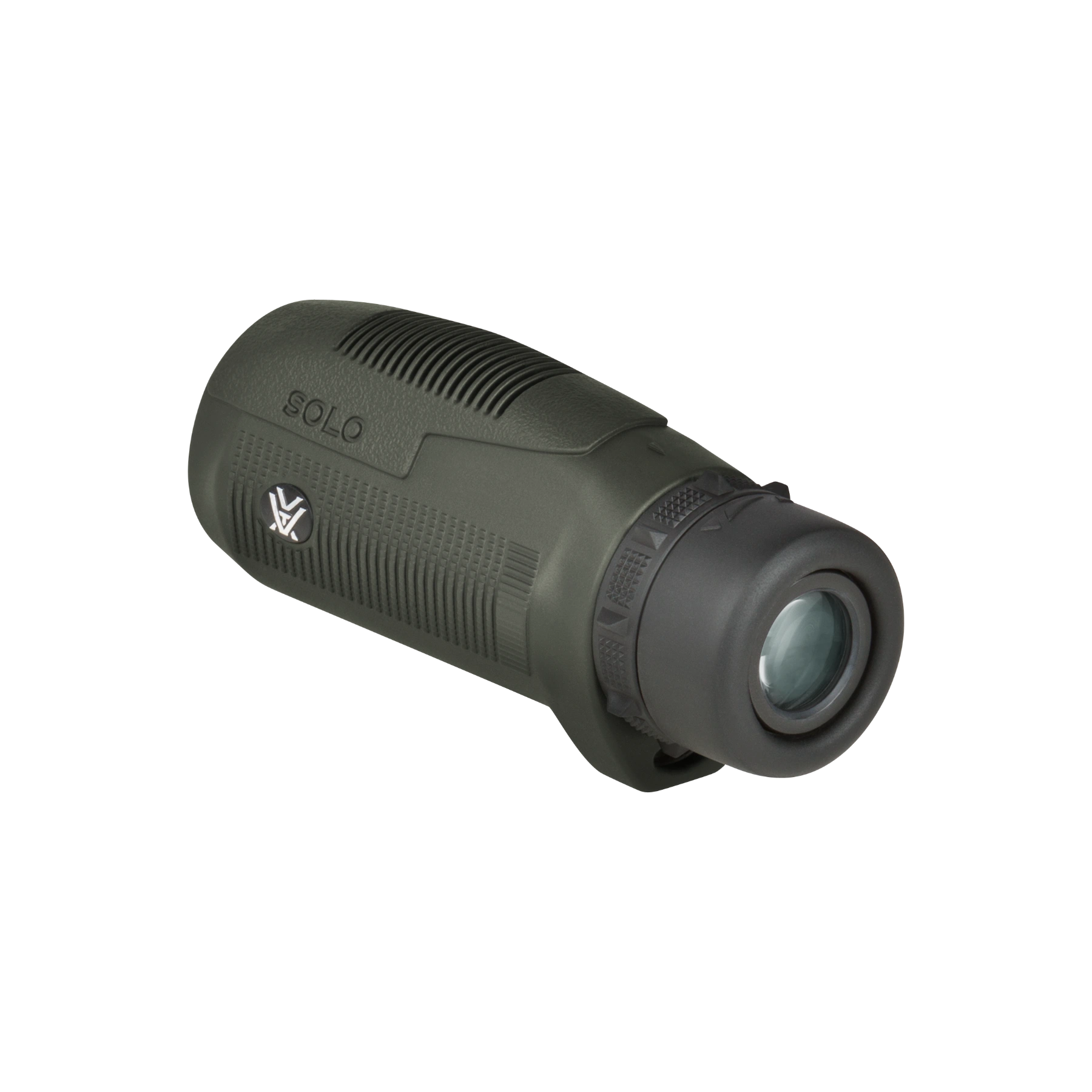 A Vortex monocular, shown at a three-quarter angle on a clean white background. The body is a matte green with a black eyecup and a silver brand plate.