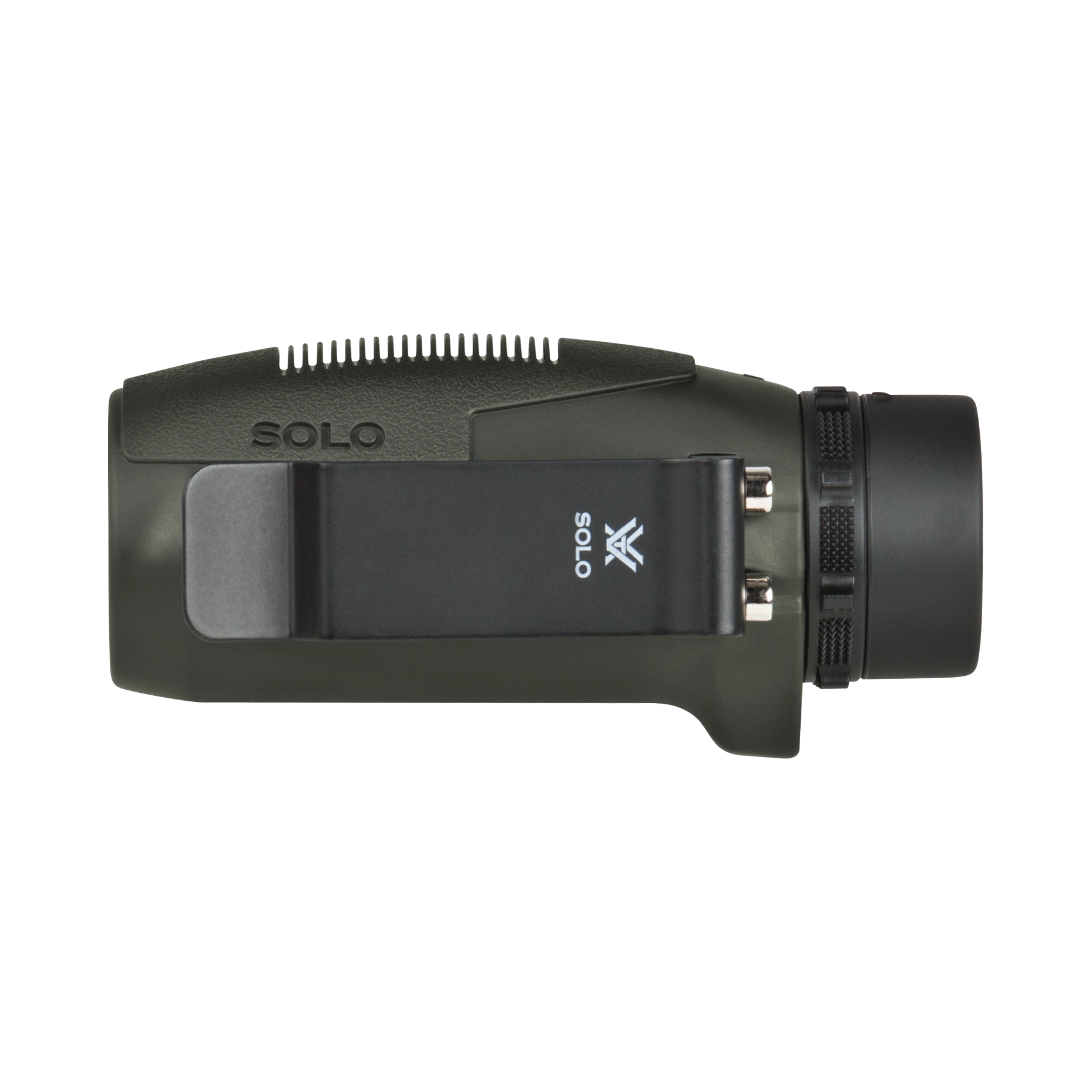 A green Vortex monocular, shown from a side profile view against a plain white background.