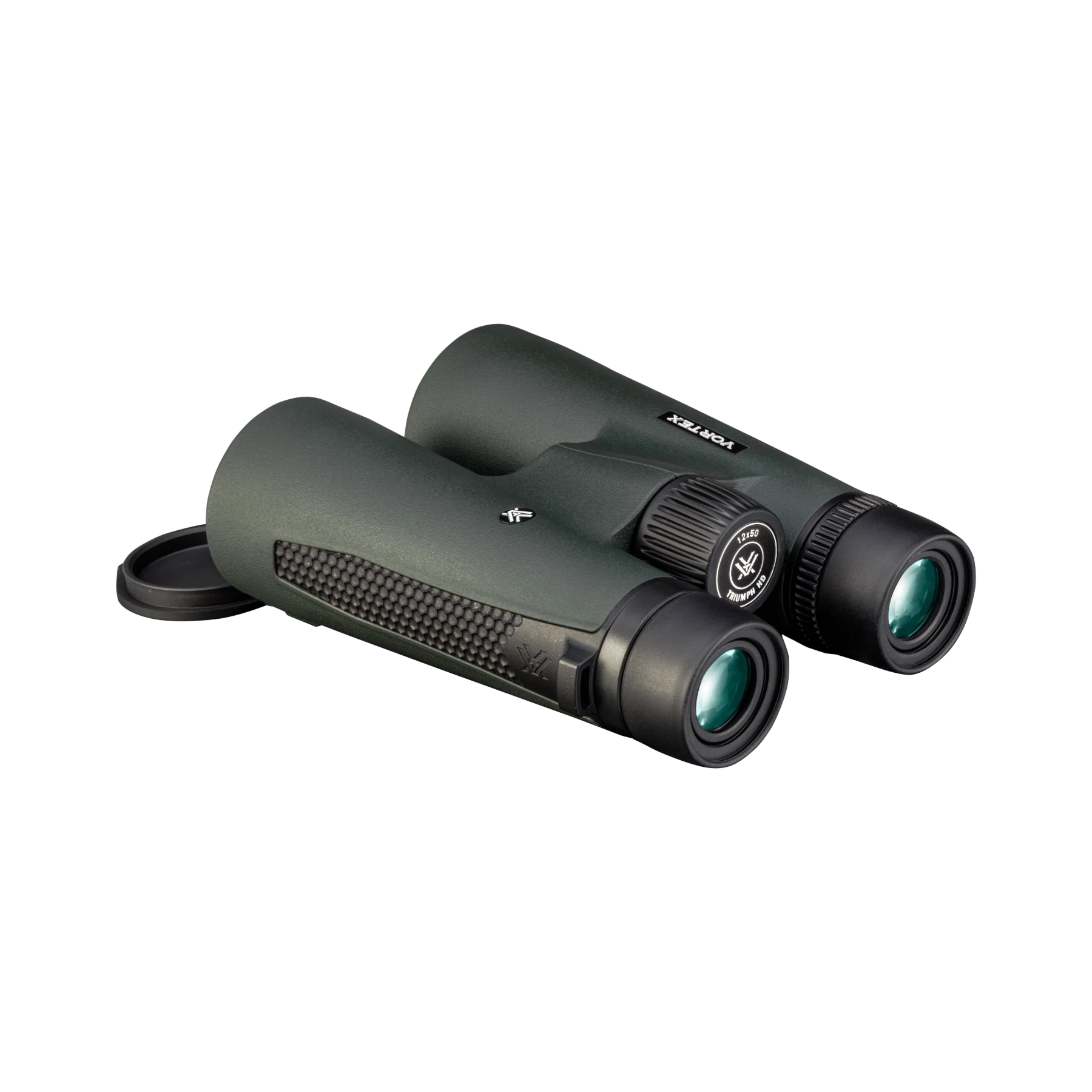 A pair of Vortex binoculars in matte dark green with black accents, shown on a clean white background with the lens cap off to the side.