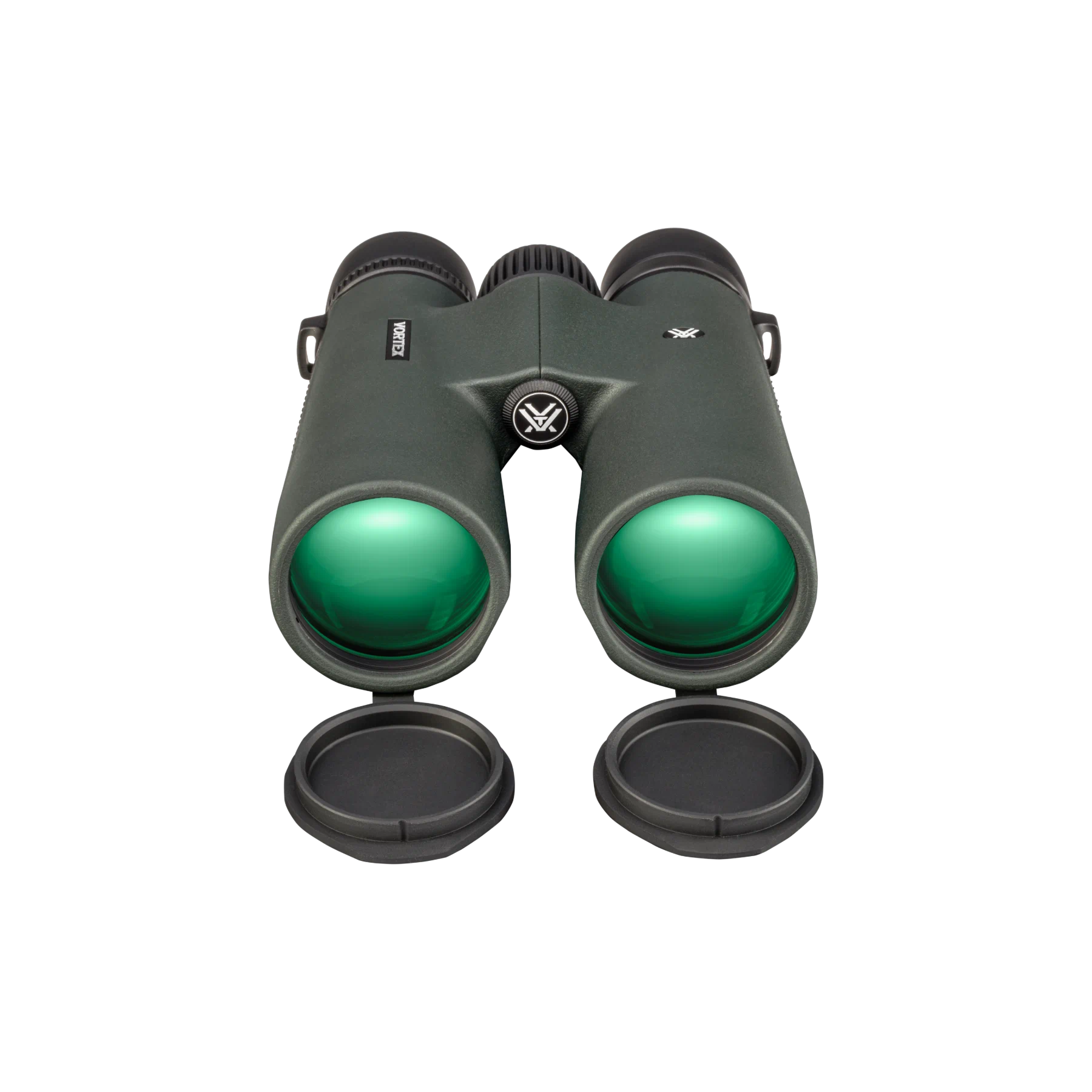 A pair of black binoculars with two black lens caps placed below, shown on a plain white background.