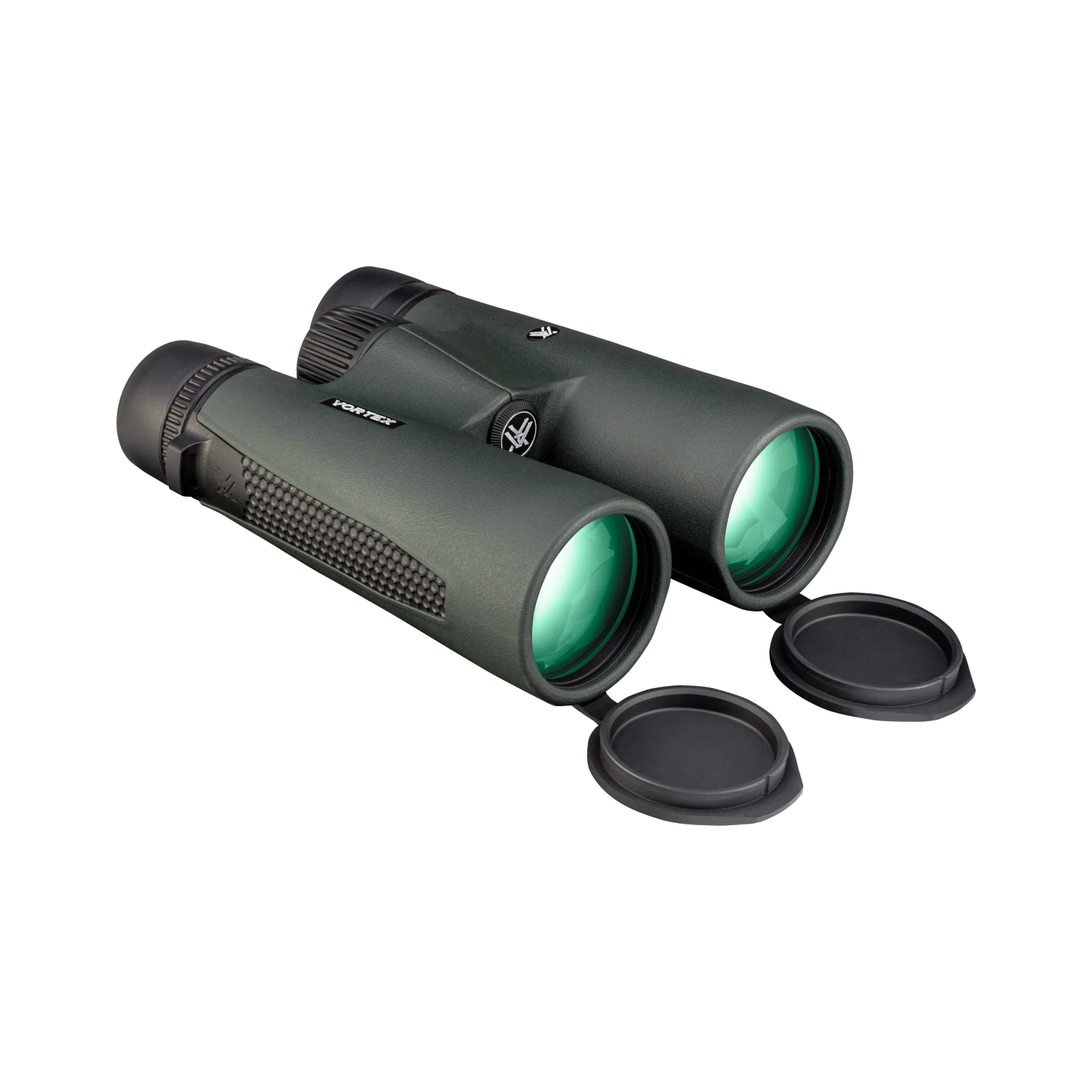 A pair of Vortex binoculars with two detached black lens caps, shown on a plain white background.