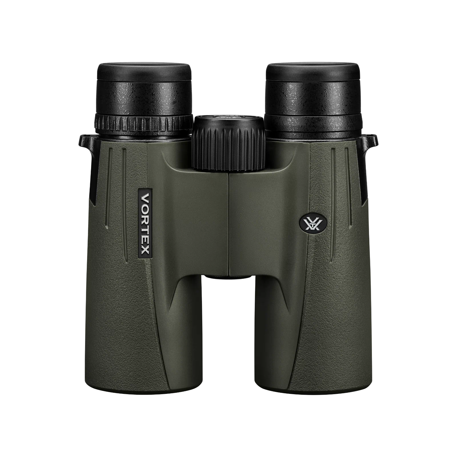Vortex binoculars in olive green with black eyecups and central focus wheel, shown against a plain white background.