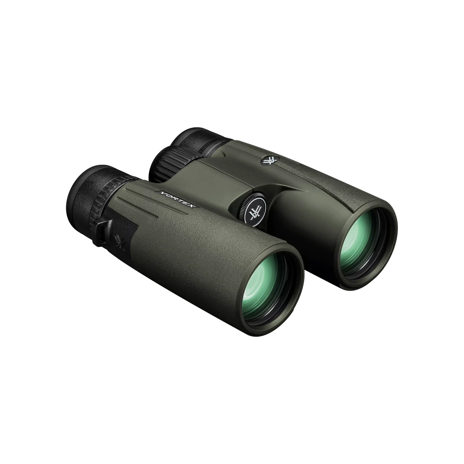 A pair of Vortex binoculars in matte dark green with black accents, shown at an angle on a solid white background.