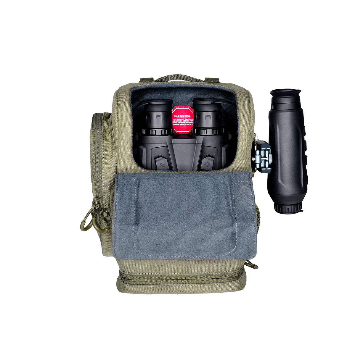 A green Wulf Guardian Bino Pack with a quick detach system for thermal monoculars and camera carry. It is shown with a binocular and a thermal monocular attached to it.