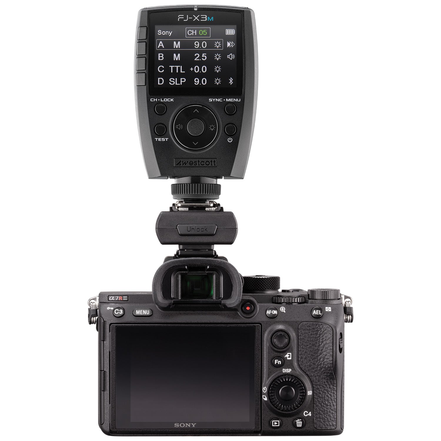 Westcott FJ-X3m Universal Wireless Flash Trigger with Adapter for Sony Cameras 4786 product photo front attached to camera
