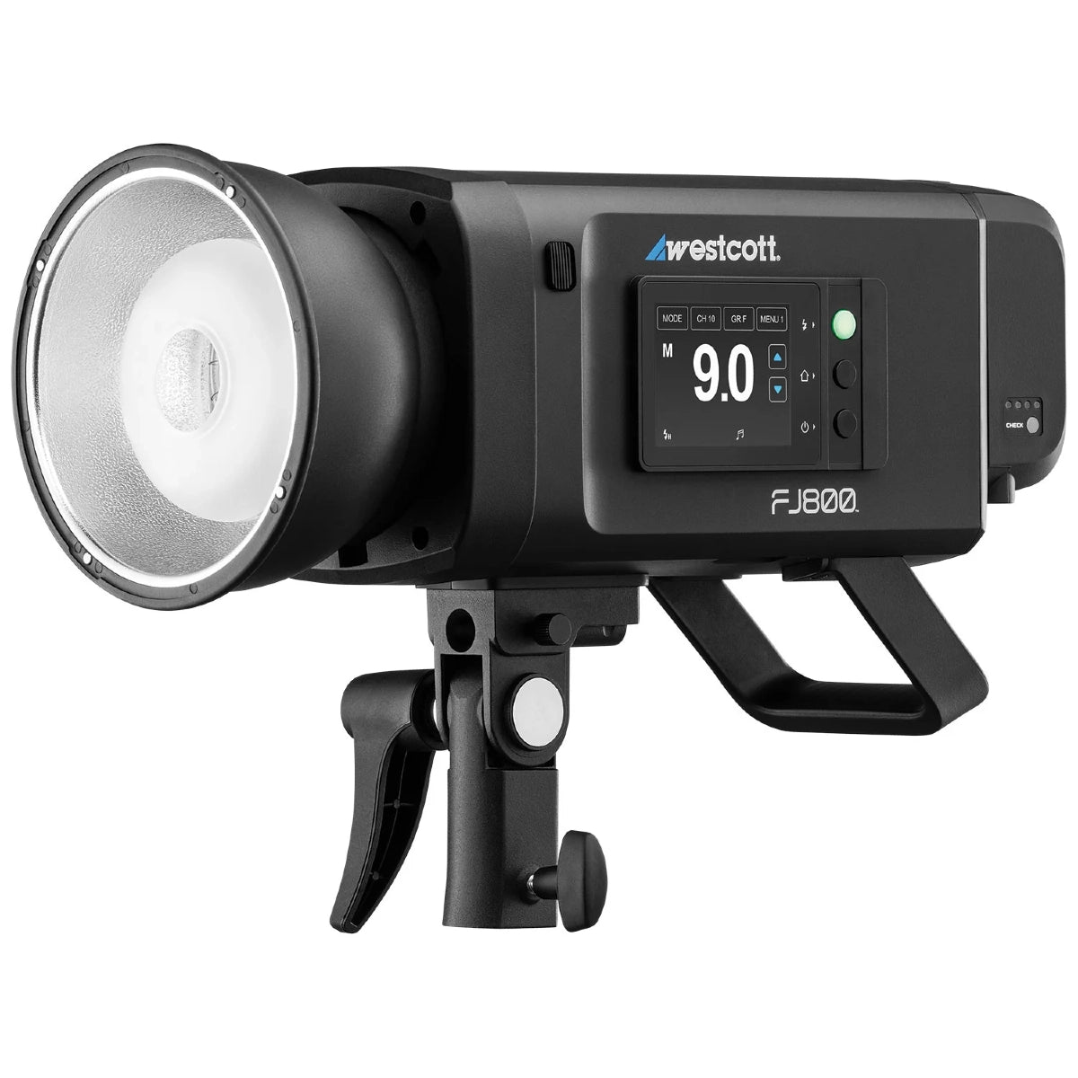 Westcott FJ800 Touchscreen Strobe with FJ Pro AC/DC Battery side angle