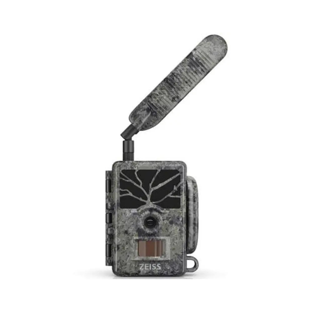 Camouflage-patterned wildlife camera with Zeiss logo on a white background