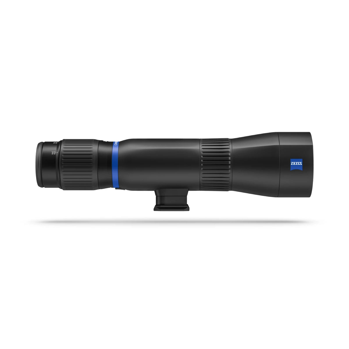 A black Zeiss spotting scope shown in profile against a white background with a soft shadow underneath.
