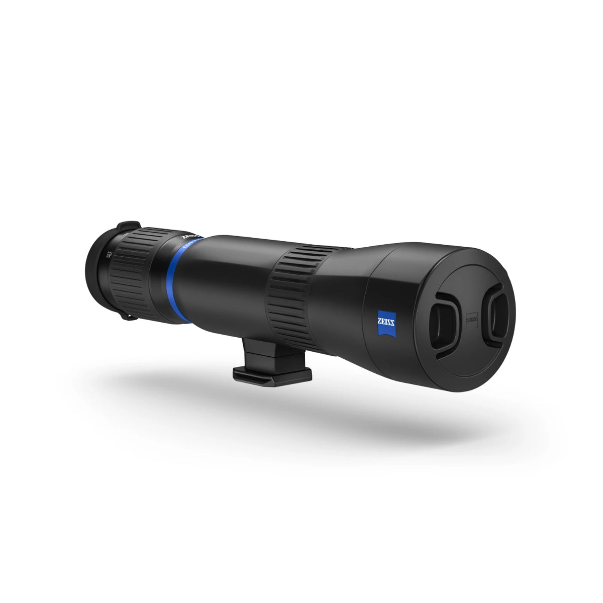 A Zeiss spotting scope with lens cap attached shown against a solid white background.