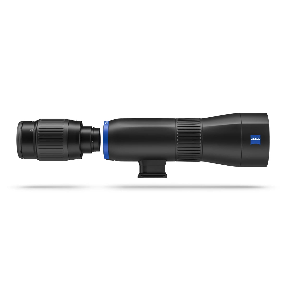 A Zeiss spotting scope shown in profile against a white background, featuring a matte black body with a distinctive blue accent ring and a blue Zeiss logo on the eyepiece end.