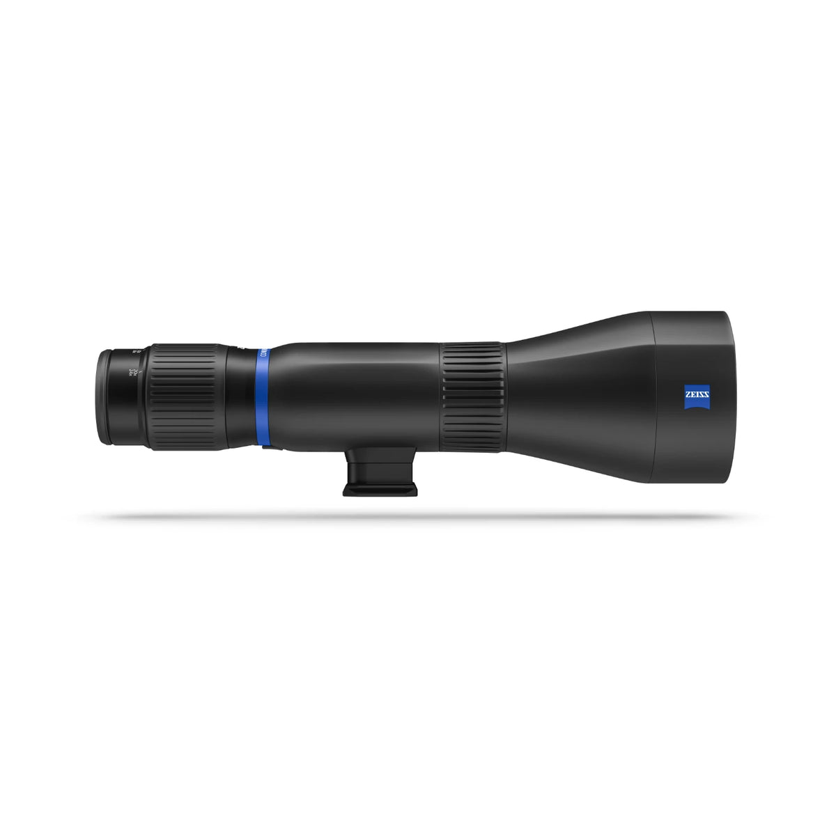 A Zeiss spotting scope shown in profile against a solid white background, featuring a matte black finish with a distinctive blue accent ring and the blue Zeiss logo on the eyepiece.
