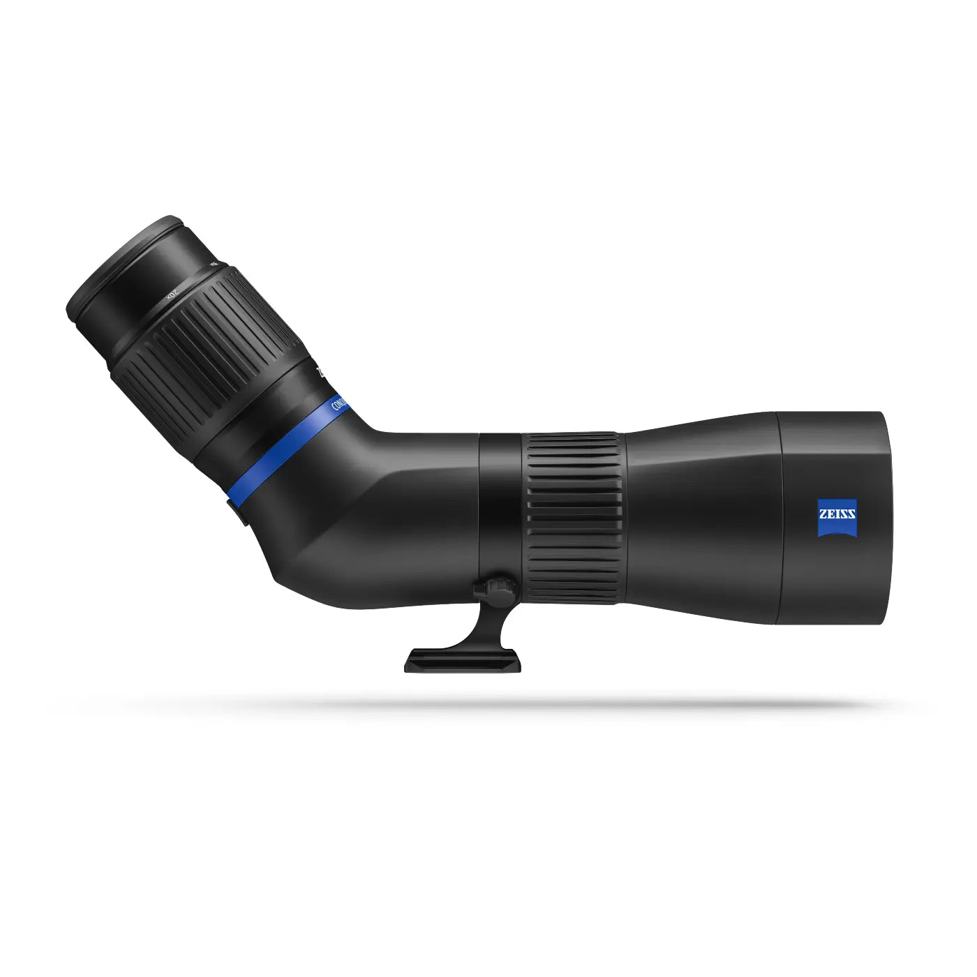 Black Zeiss spotting scope on a white background