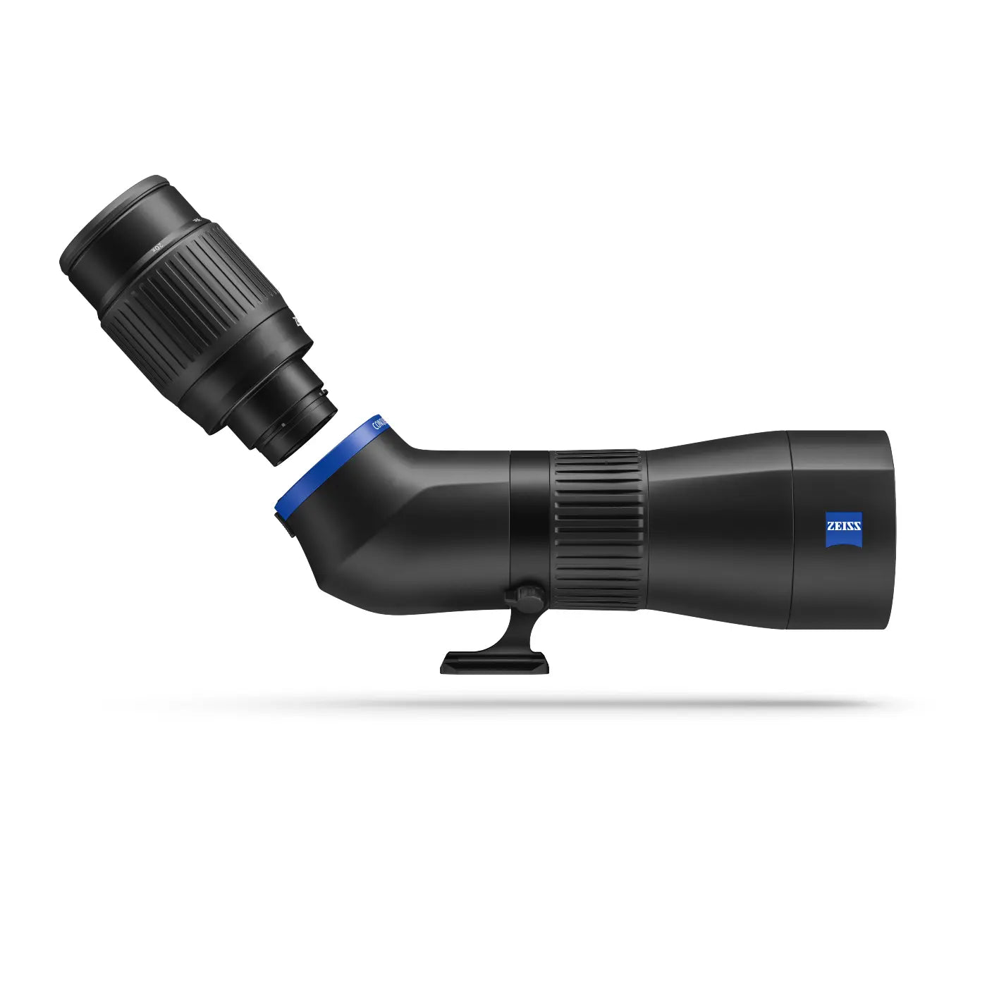Black telescope with blue focus wheel on a white background