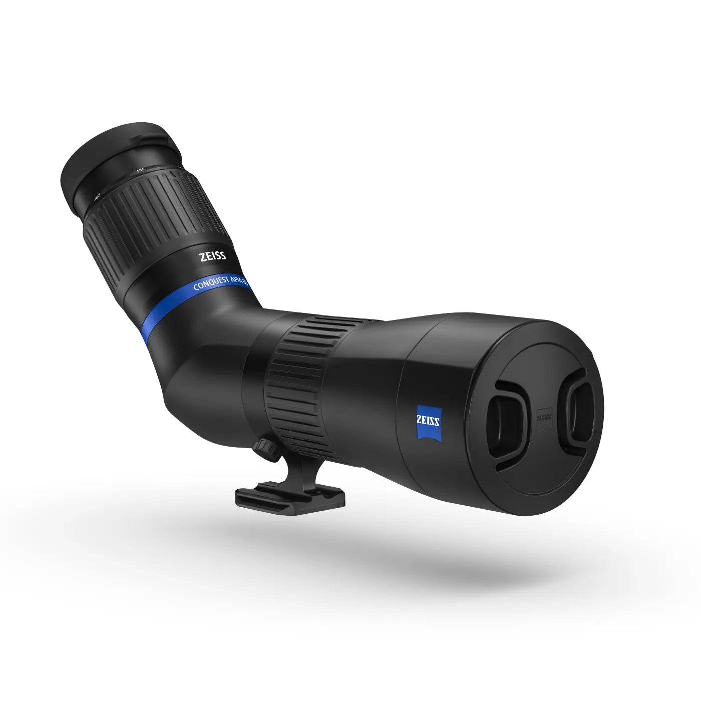 Black Zeiss spotting scope on a white background