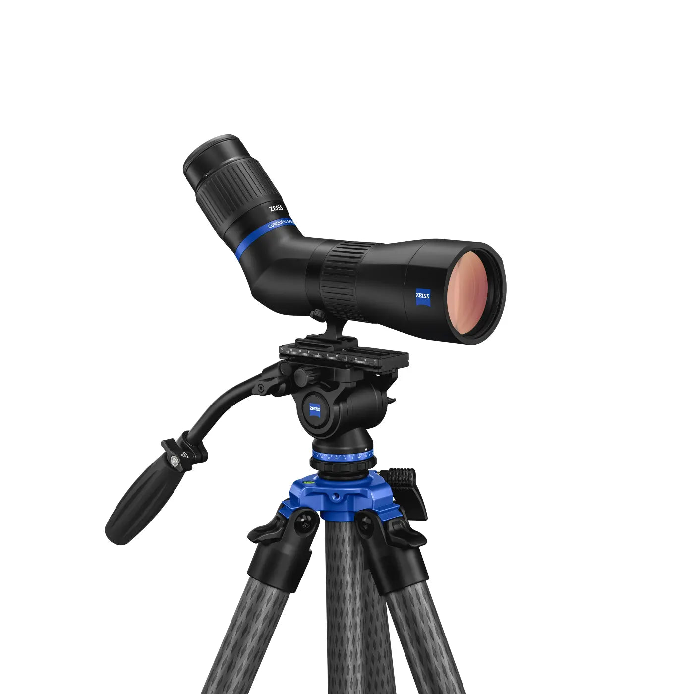 Telescope on a tripod with Zeiss logo on a white background