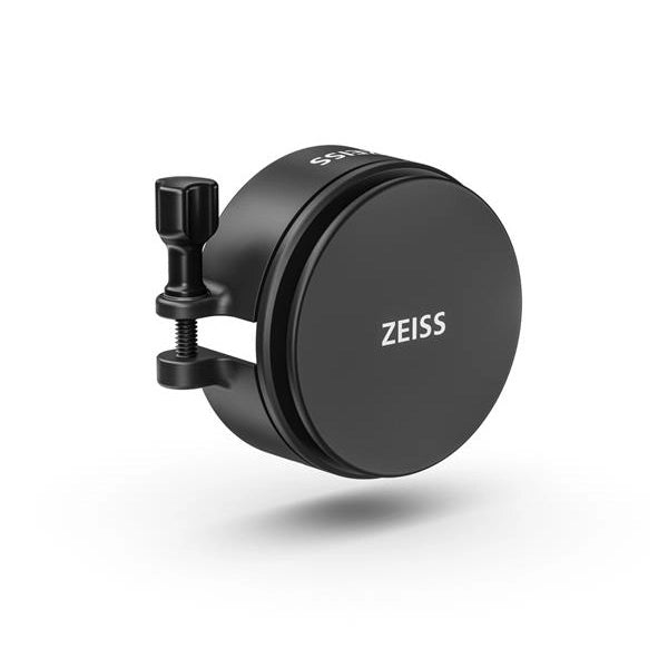 Black camera lens with Zeiss branding on a white background