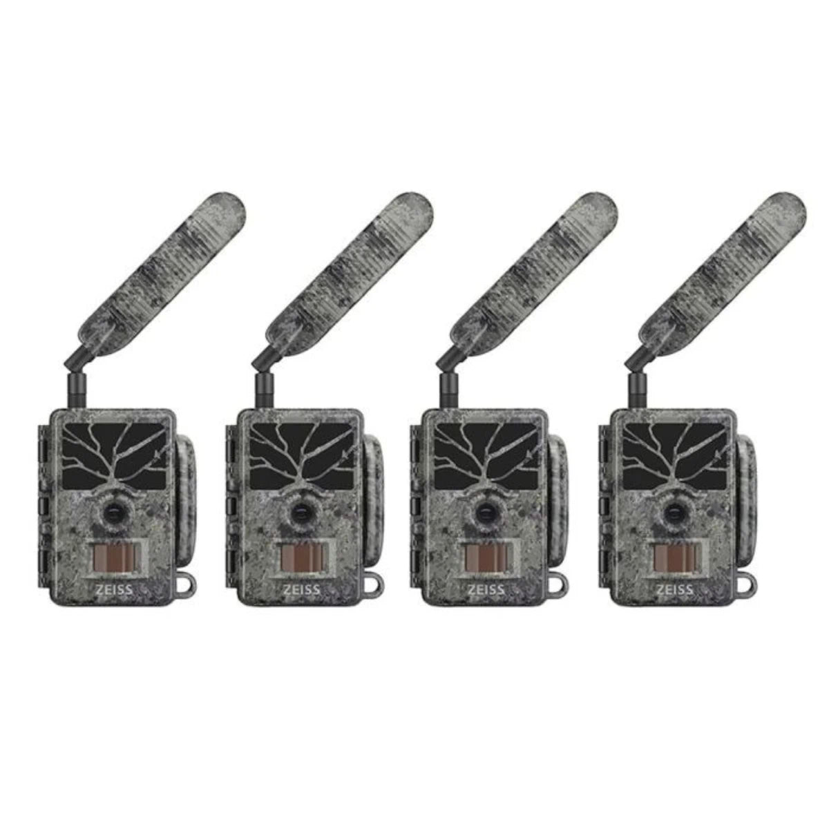 Four trail cameras with camouflage patterns and attached antennas, arranged in a row on a plain white background.