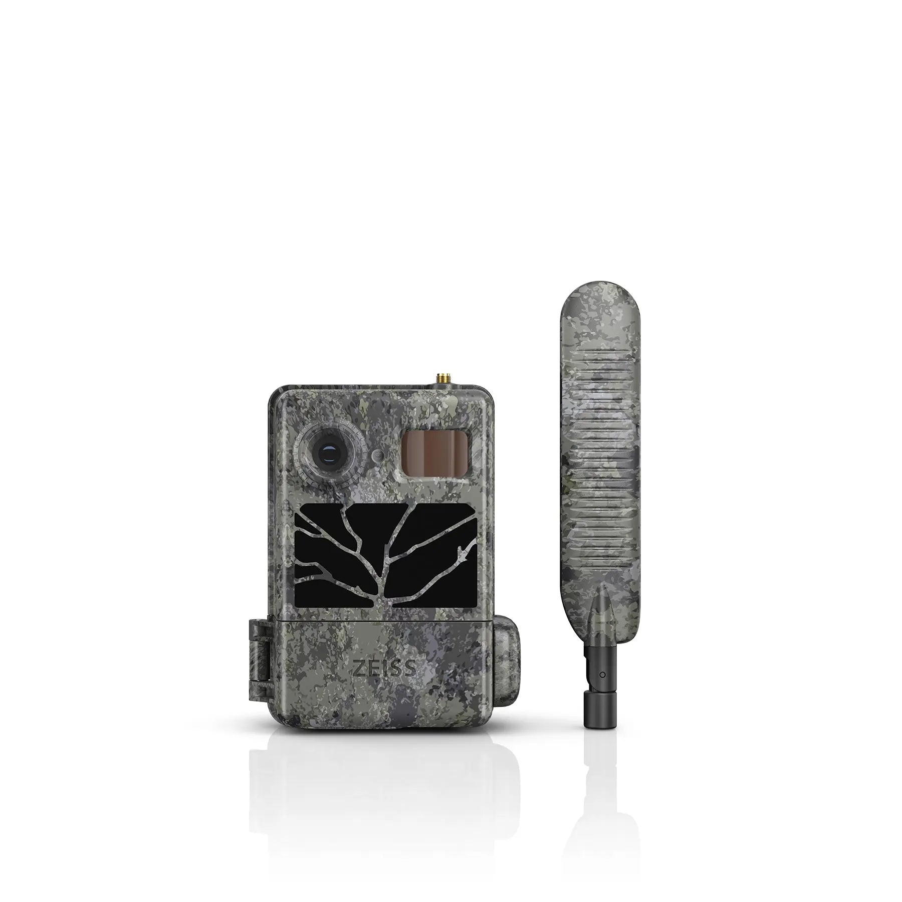 A ZEISS Secacam 3 trail camera with a camouflage pattern and a detachable antenna, featuring a black color and a screen display.