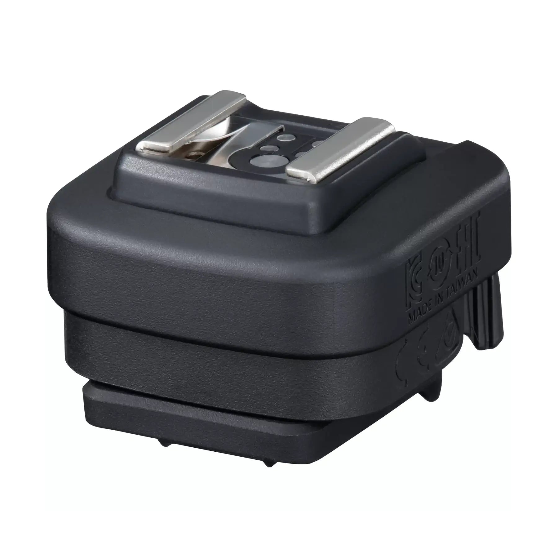 A black Canon AD-E1 Shoe Adapter designed to connect conventional Speedlite flashes to EOS R-series cameras.