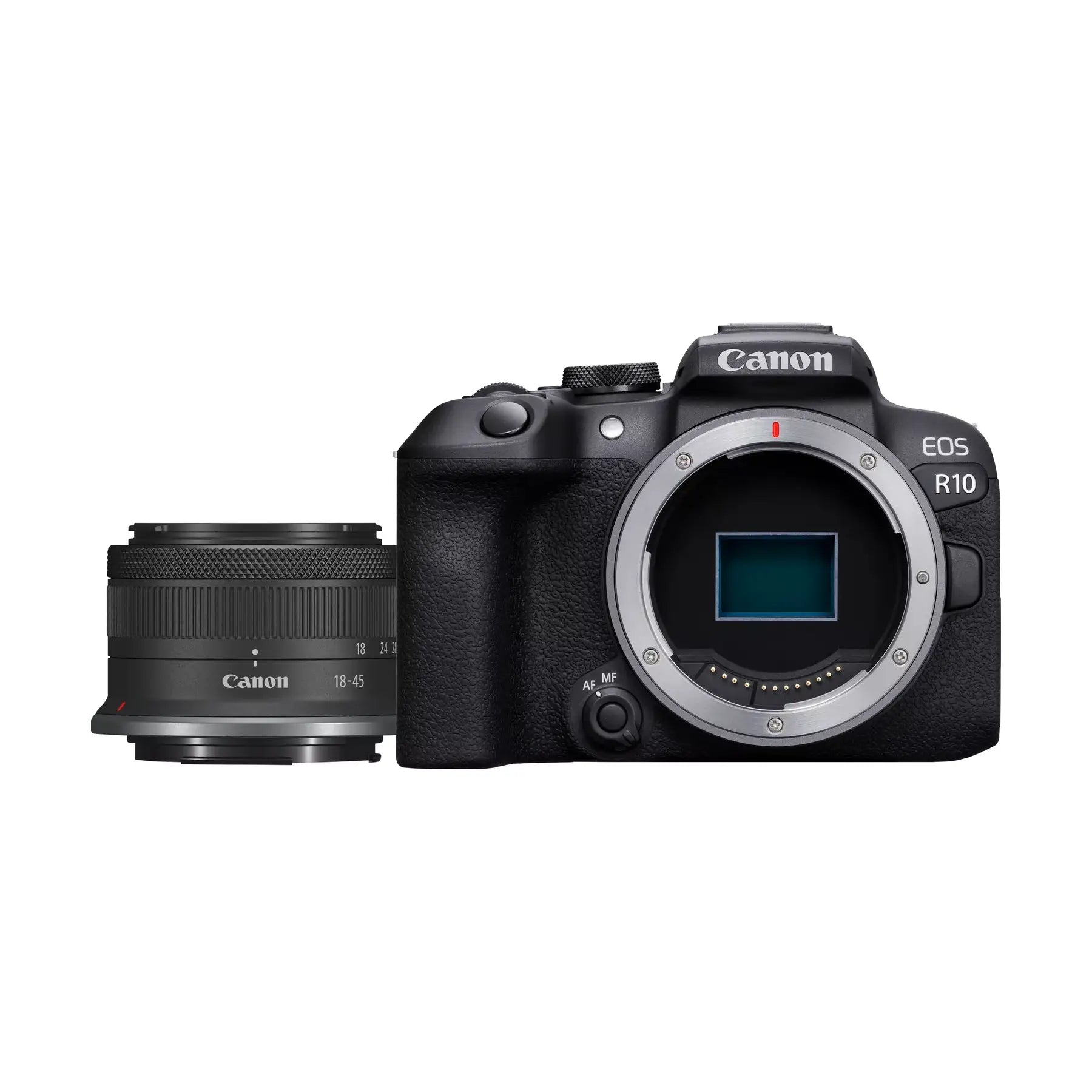 A Canon EOS R10 Mirrorless Camera with RF-S 18-45mm lens attached, displayed against a white background.