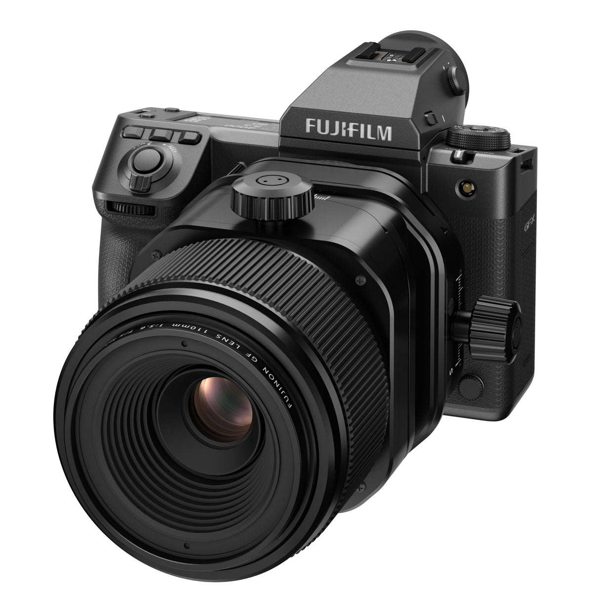 Fujifilm GF 110mm F5.6 T/S Tilt Shift Macro Lens product photo on camera
