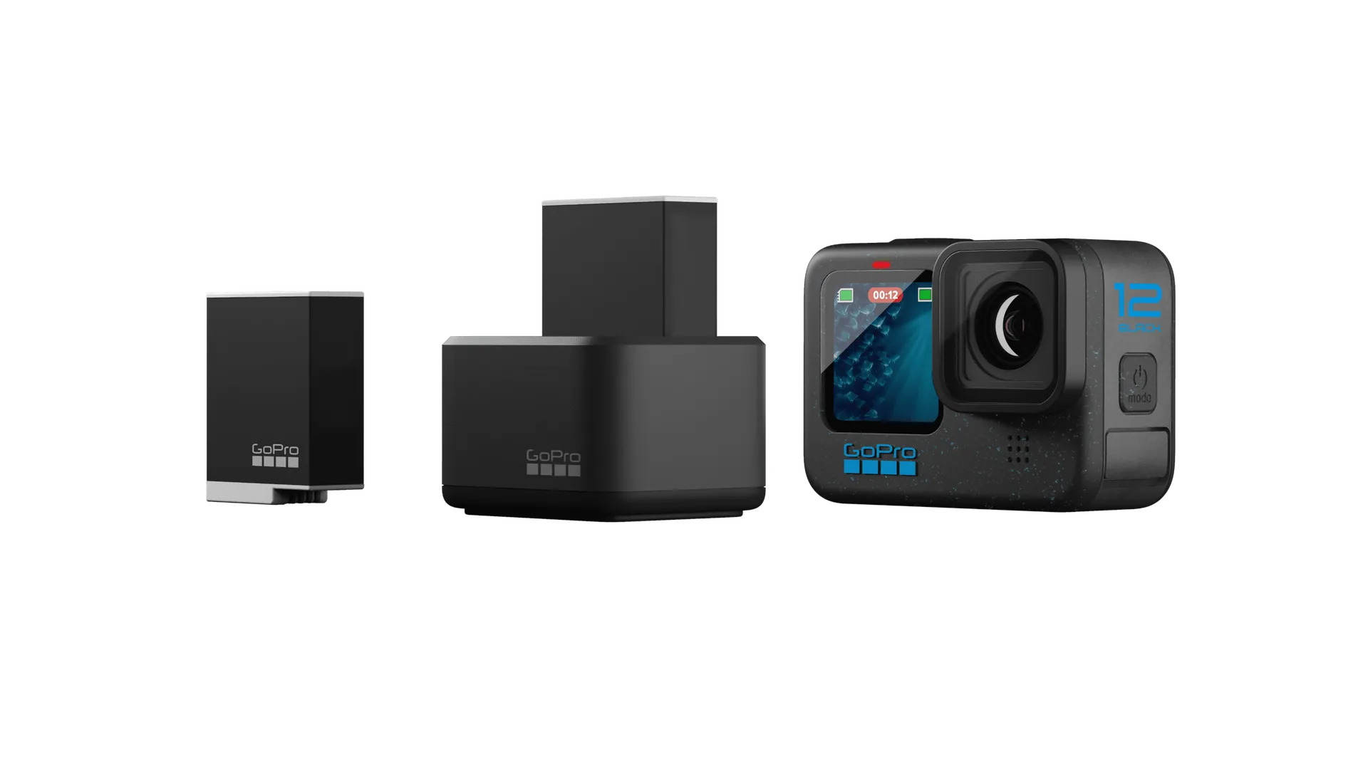 Photo of the batteries, charging block and gopro next to it for scale