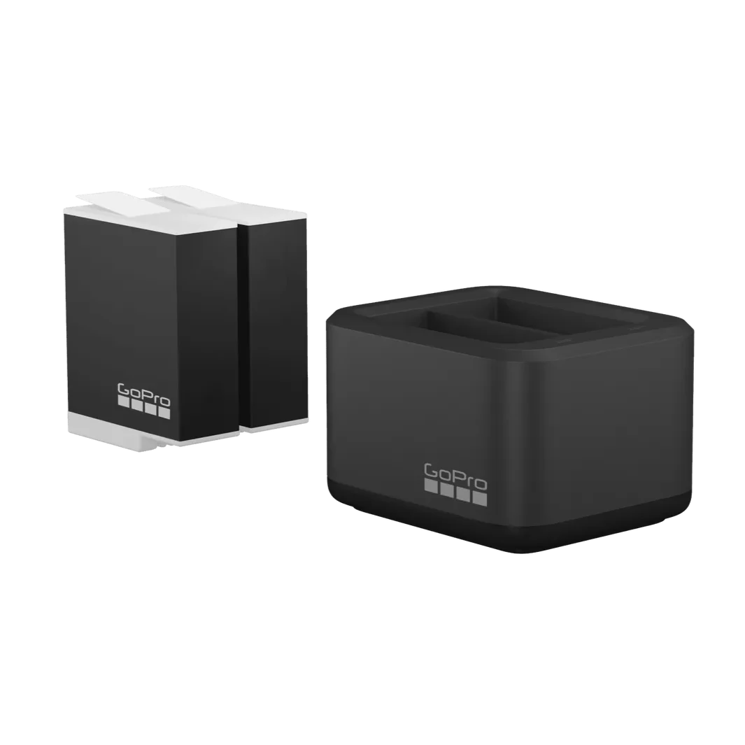 Photo of both batteries next to the charging block