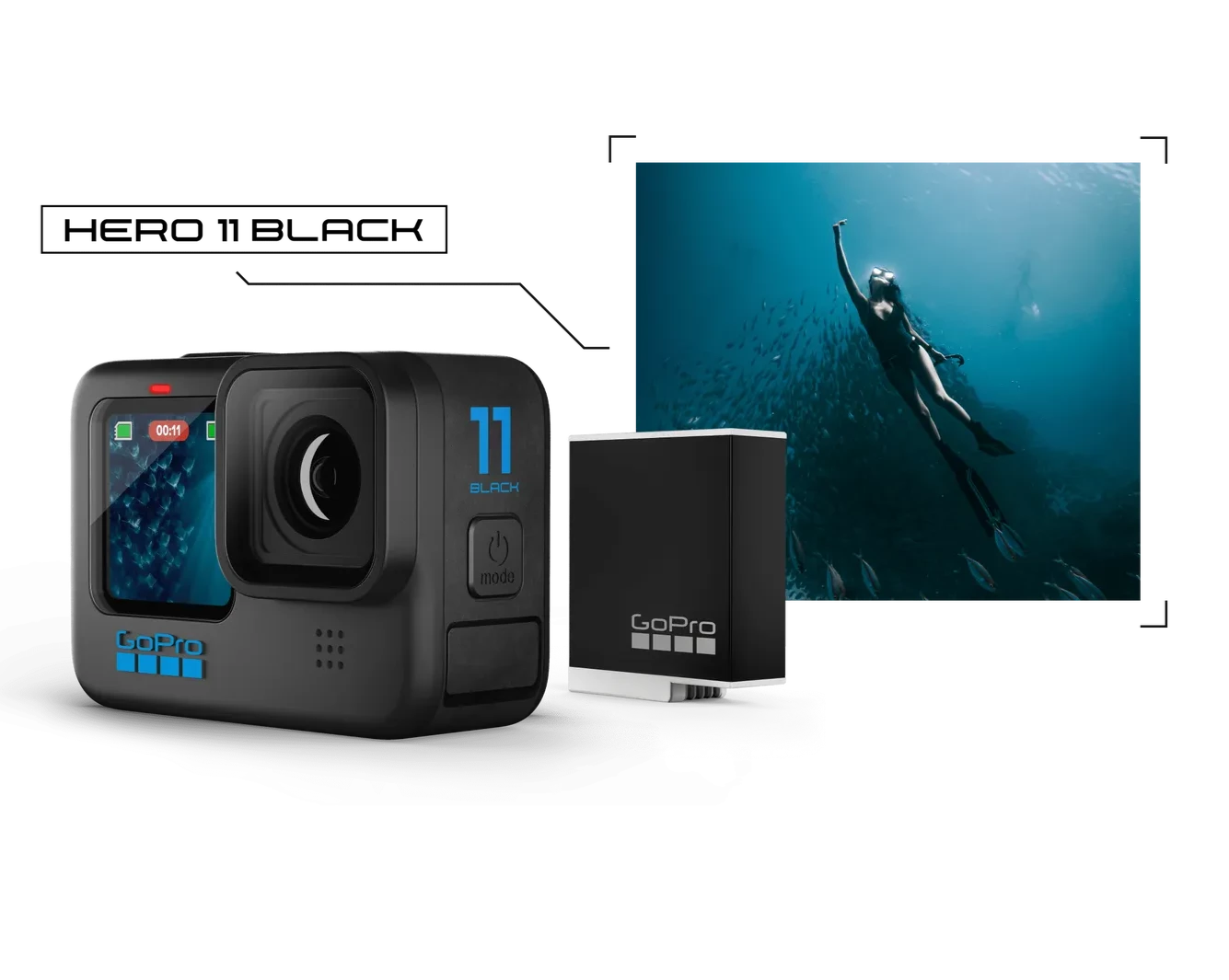 Product hero shot of the GoPro Hero 11 Black with the battery next to it and a diver in the background